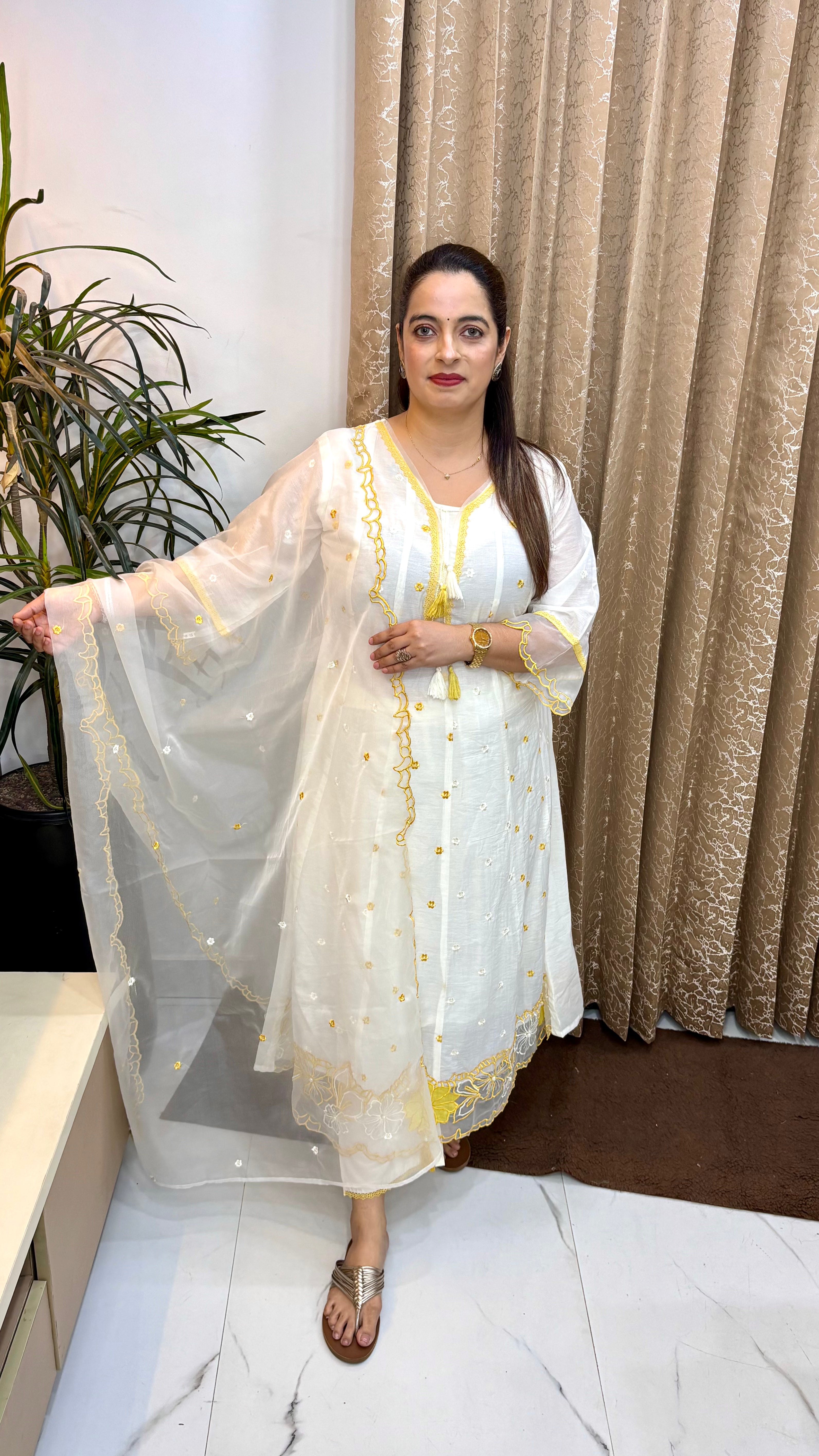 Premium Mul Chanderi Suit with Intricate Applique Work, Crochet Lace & Organza Dupatta