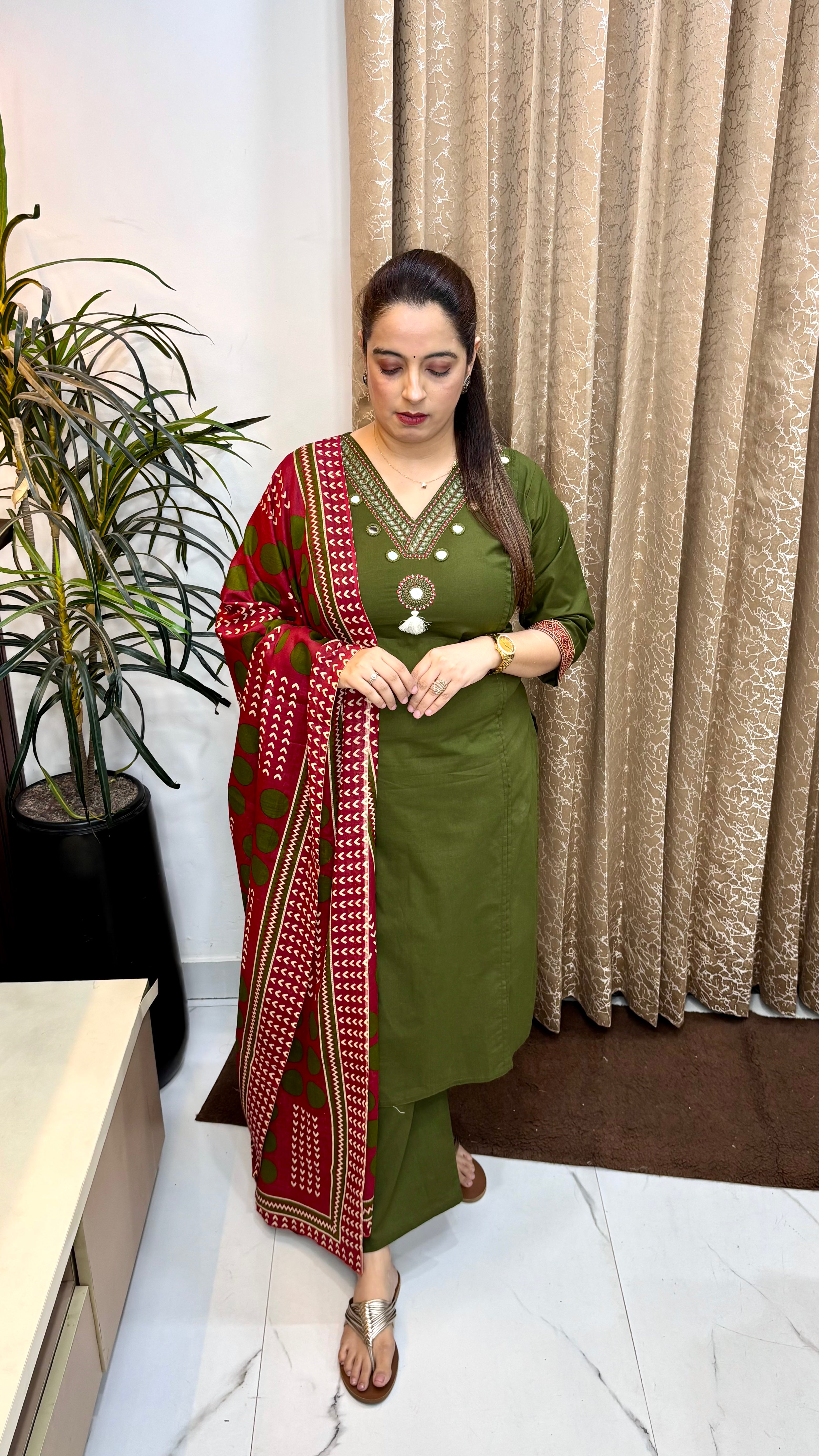 Pure Dabu Cotton Suit with Kutch-Style Mirror Work, Pintex Detailing & Kalamkari Dupatta