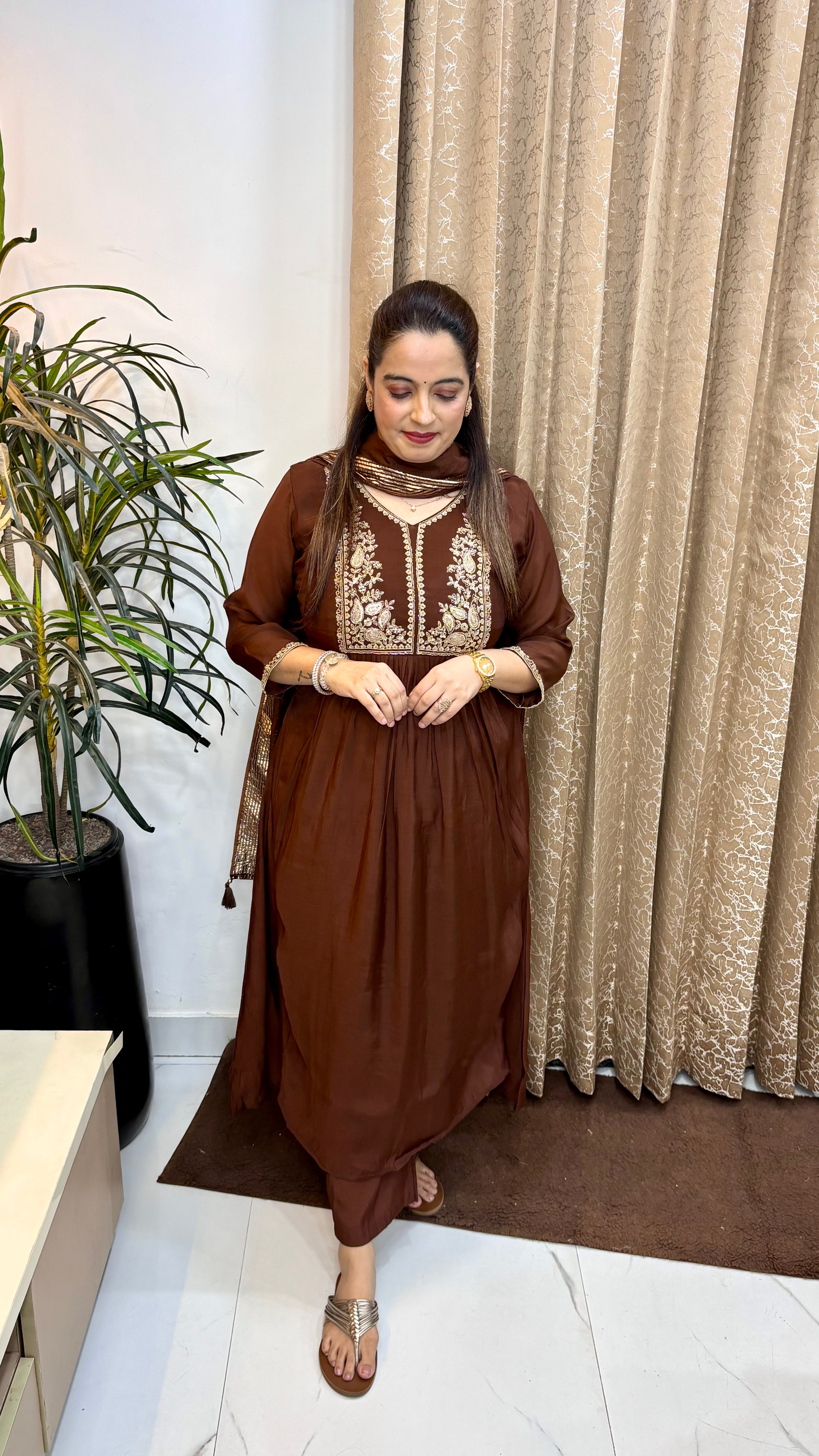 Mul Chanderi A-Line Suit Set with Central Gathers, Zari Work & Lagdi Patta Dupatta