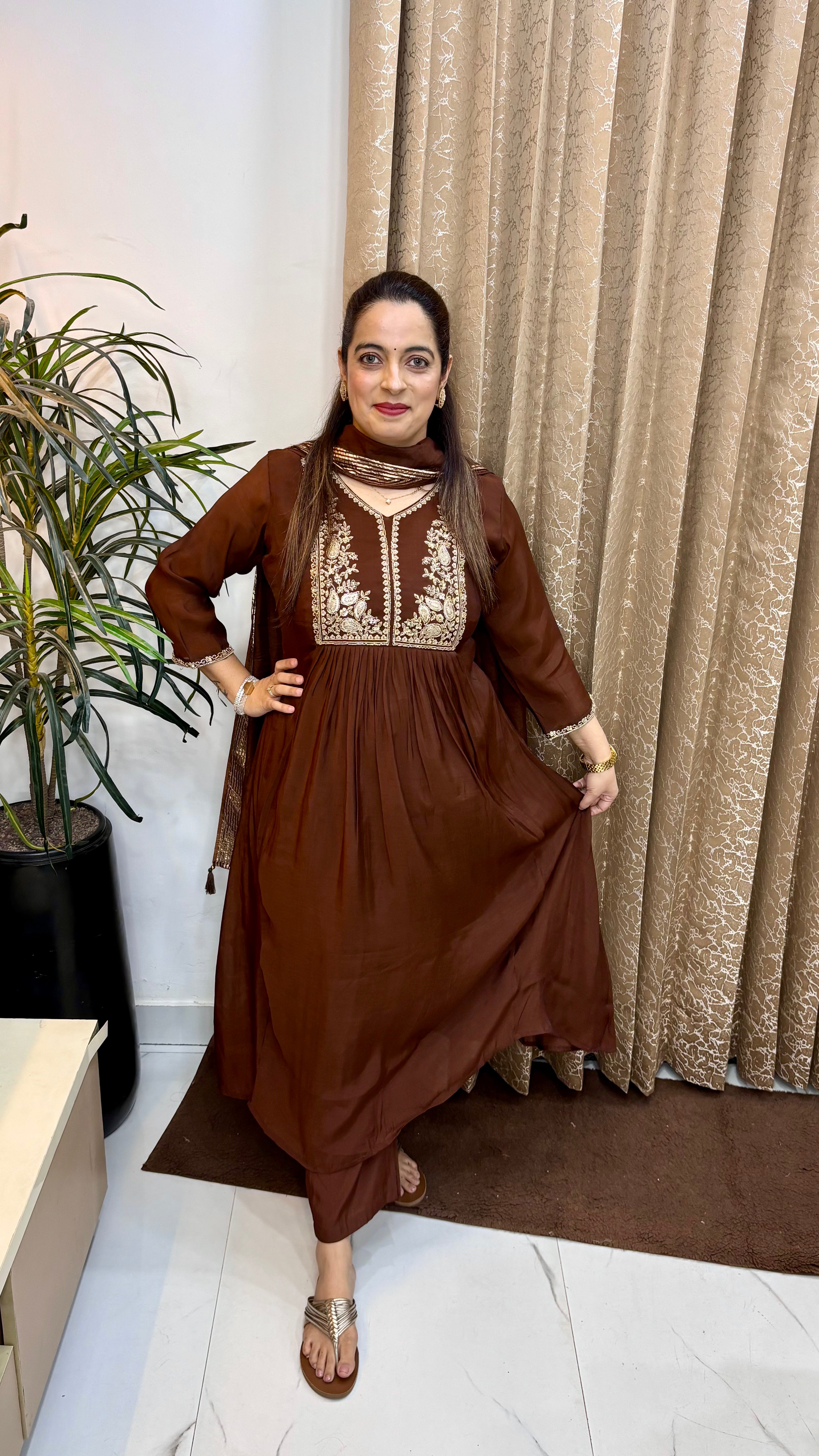 Mul Chanderi A-Line Suit Set with Central Gathers, Zari Work & Lagdi Patta Dupatta