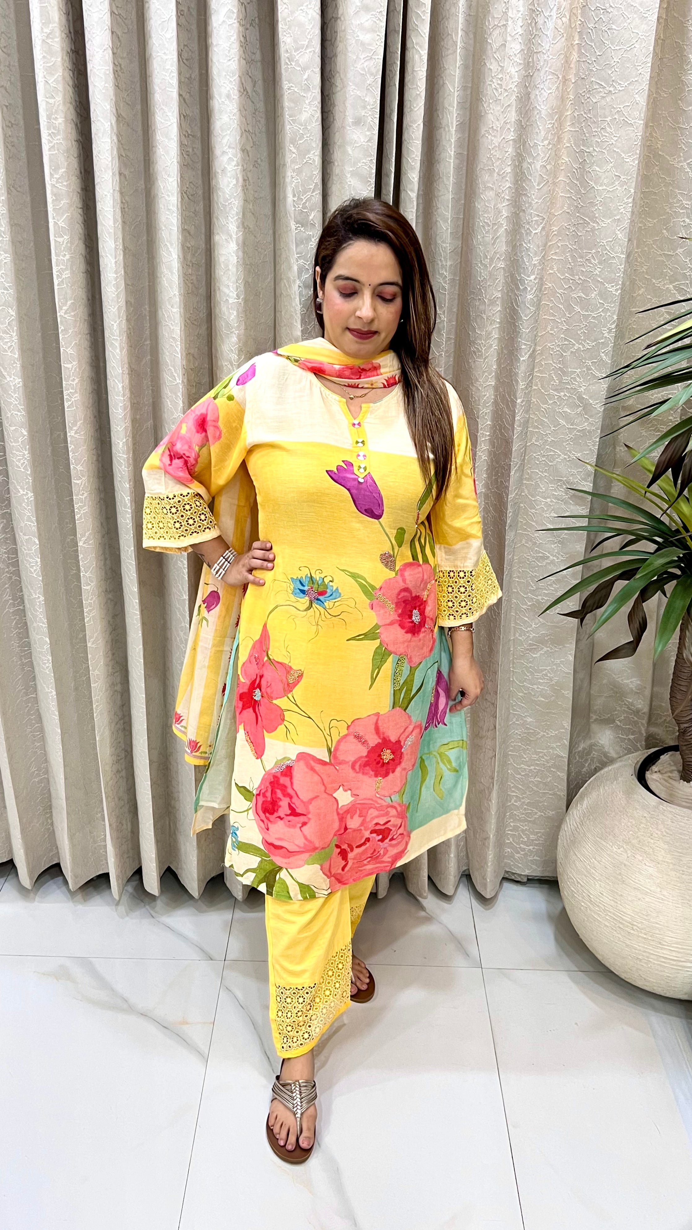 Premium Linen Suit with Floral, Cut-Dana & Crochet Lace Work