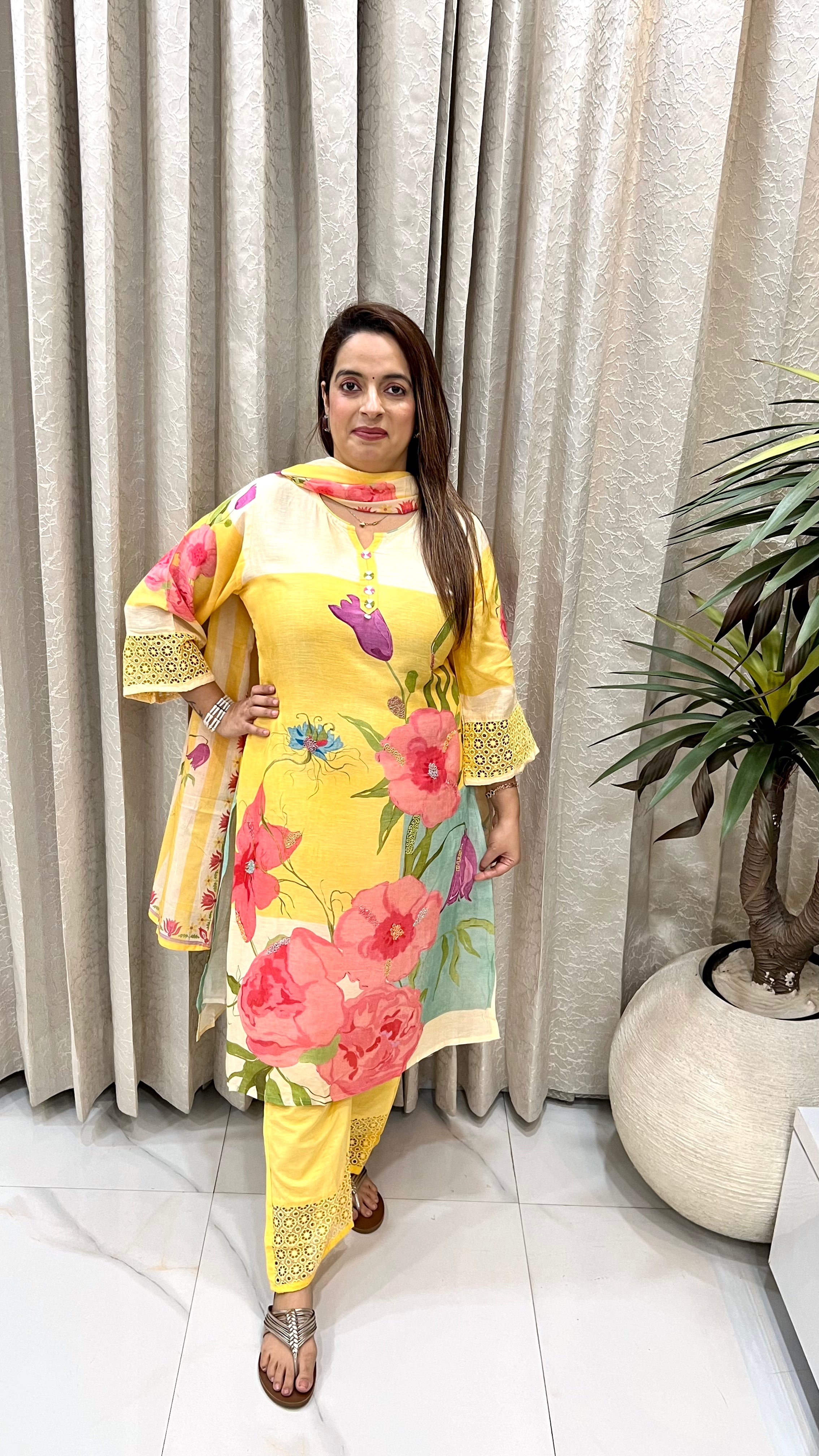 Premium Linen Suit with Floral, Cut-Dana & Crochet Lace Work