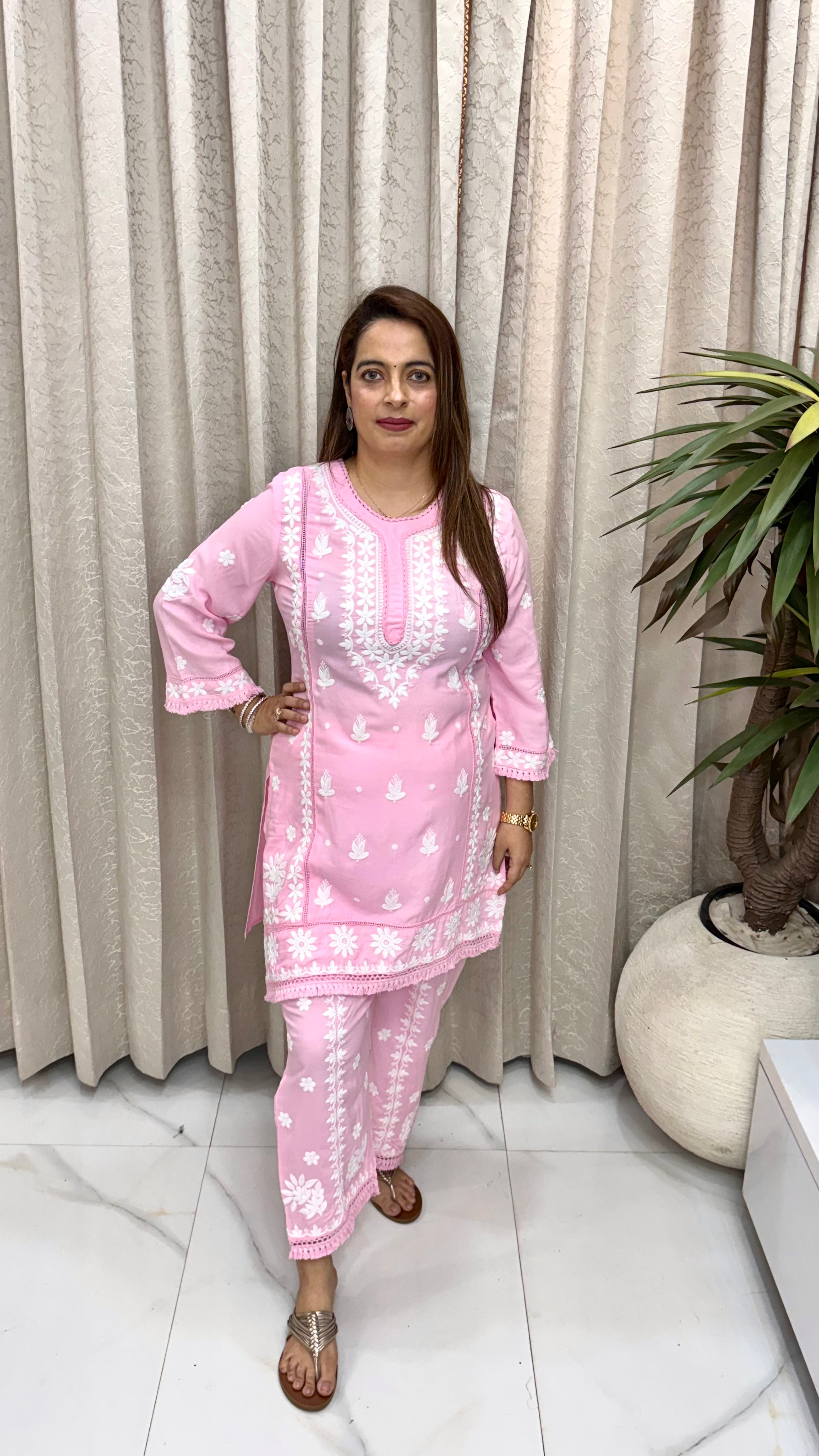 Royal Nawabi Drape & Smart Utility  Pure Modal Lucknowi Hand-Embroidered Co-ord Set with Pocket-Detailed Farshi Salwar