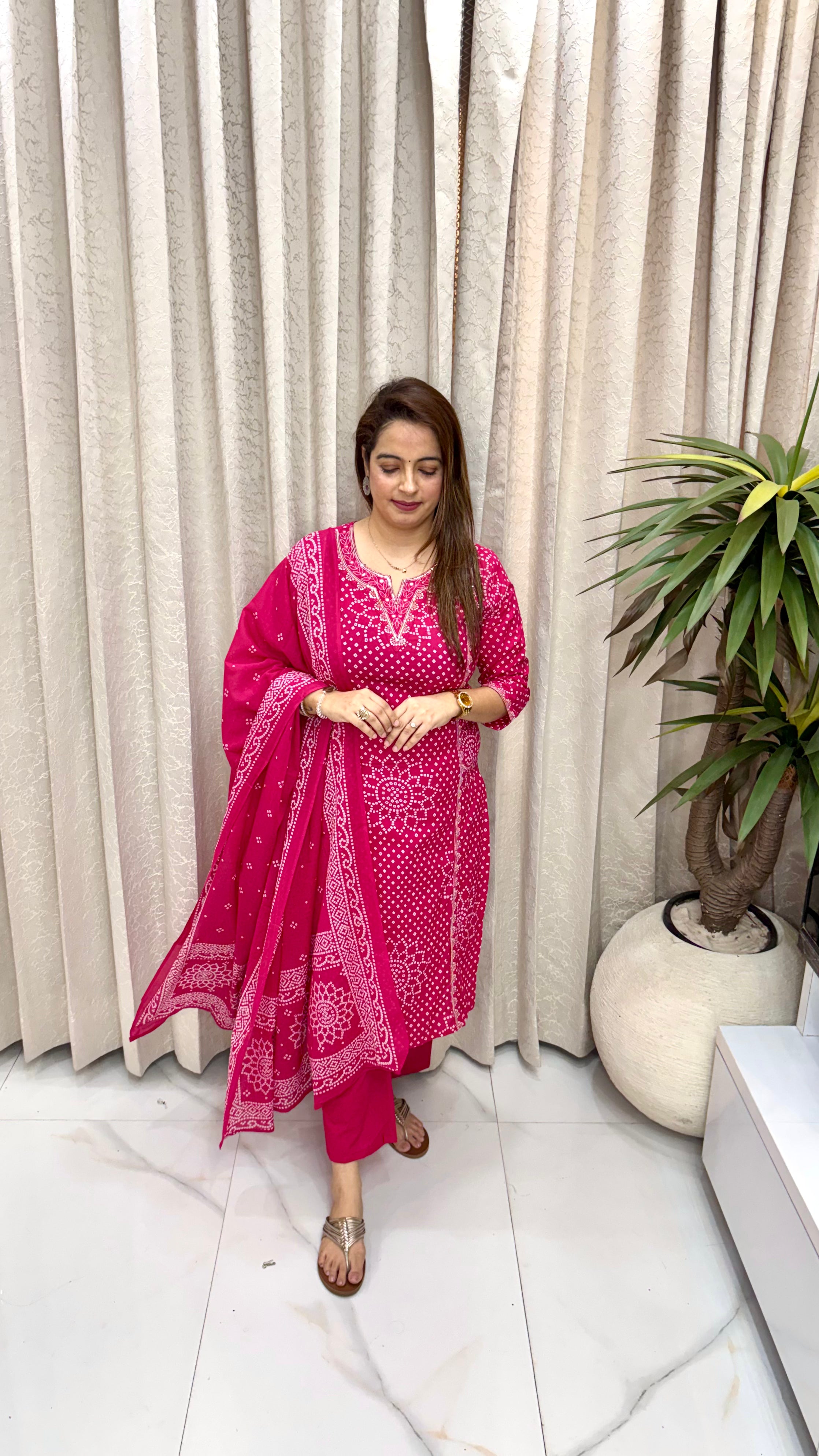 Pure Cotton Bandhani Suit with Sequence-Zari Details & Pocket Trousers