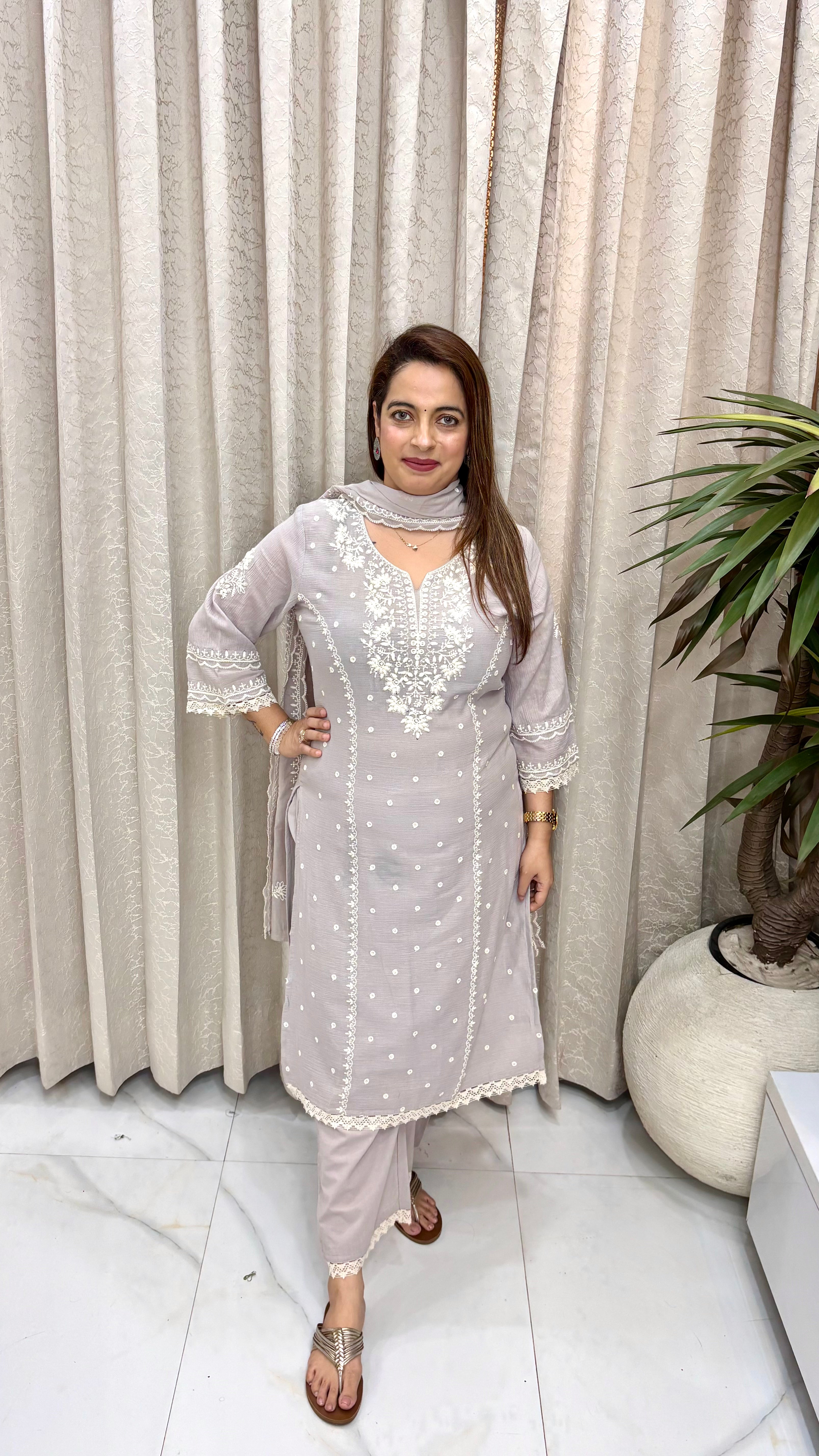 Premium Mulmul Crushed Cotton Lucknowi Suit with Crochet Lace & Pocket Trousers