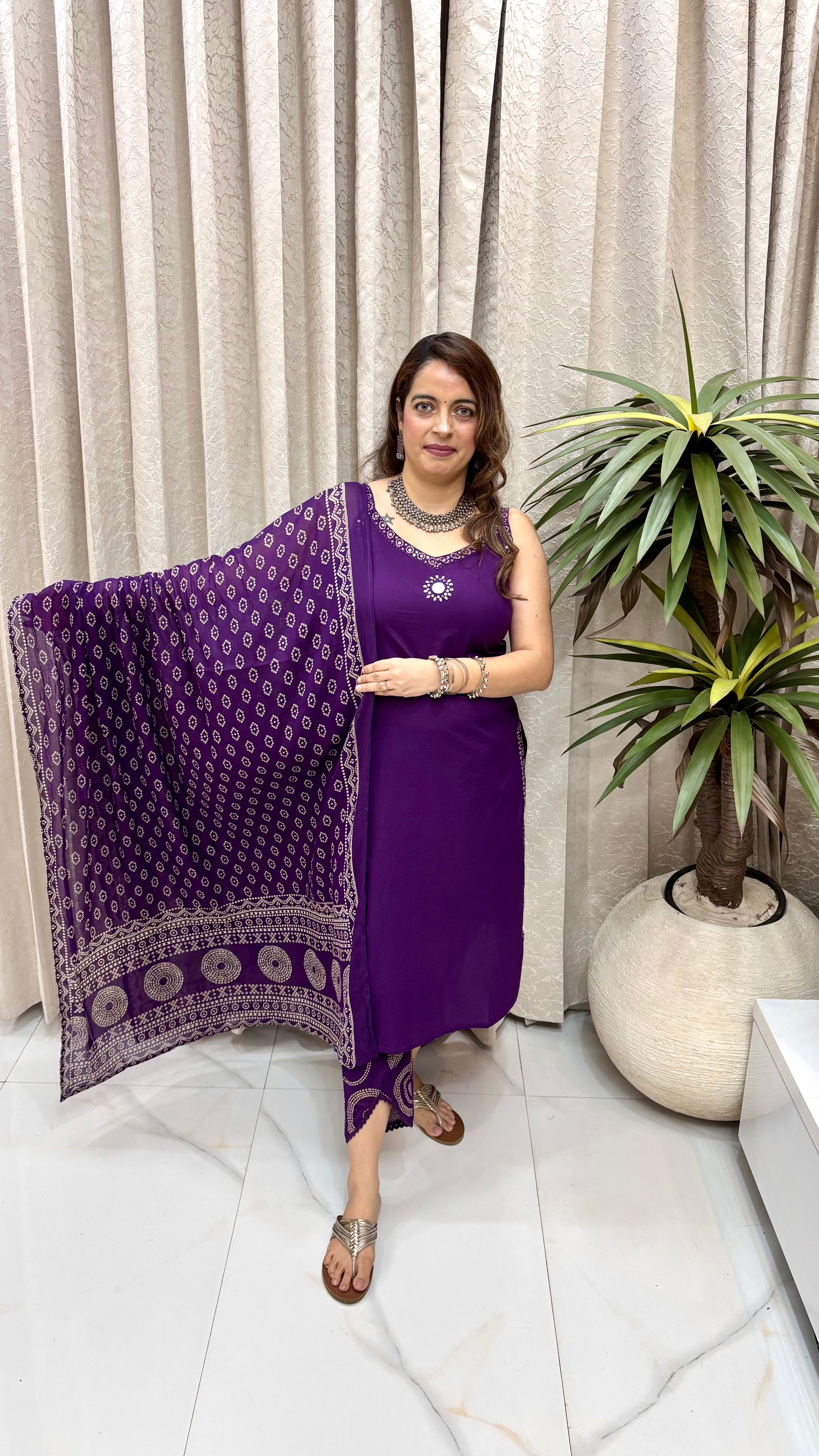 Pure Cotton Sleeveless Bandhani Jaipuri Suit with Sun-Mirror Neckline & V-Cut Bottoms