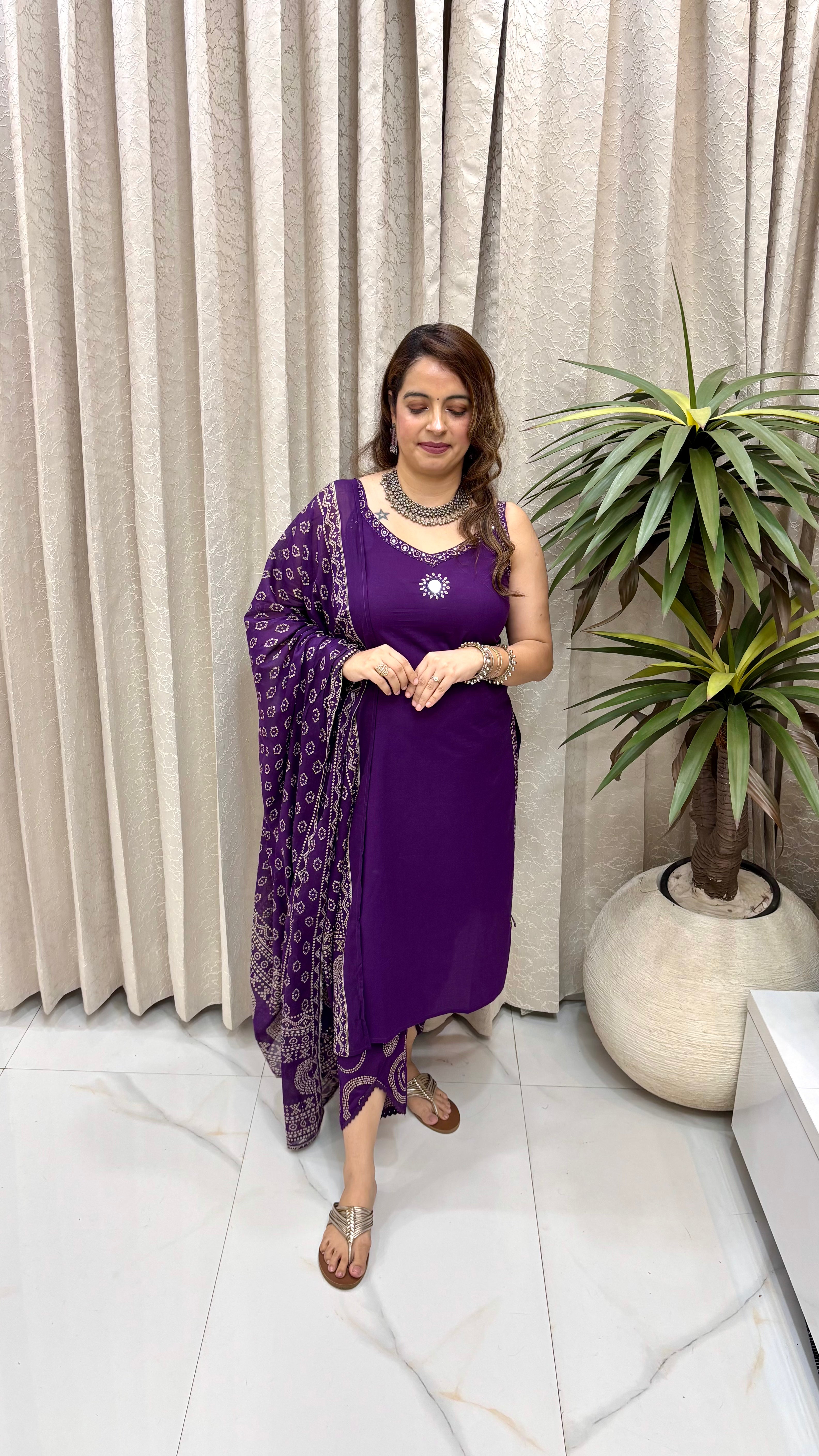 Pure Cotton Sleeveless Bandhani Jaipuri Suit with Sun-Mirror Neckline & V-Cut Bottoms
