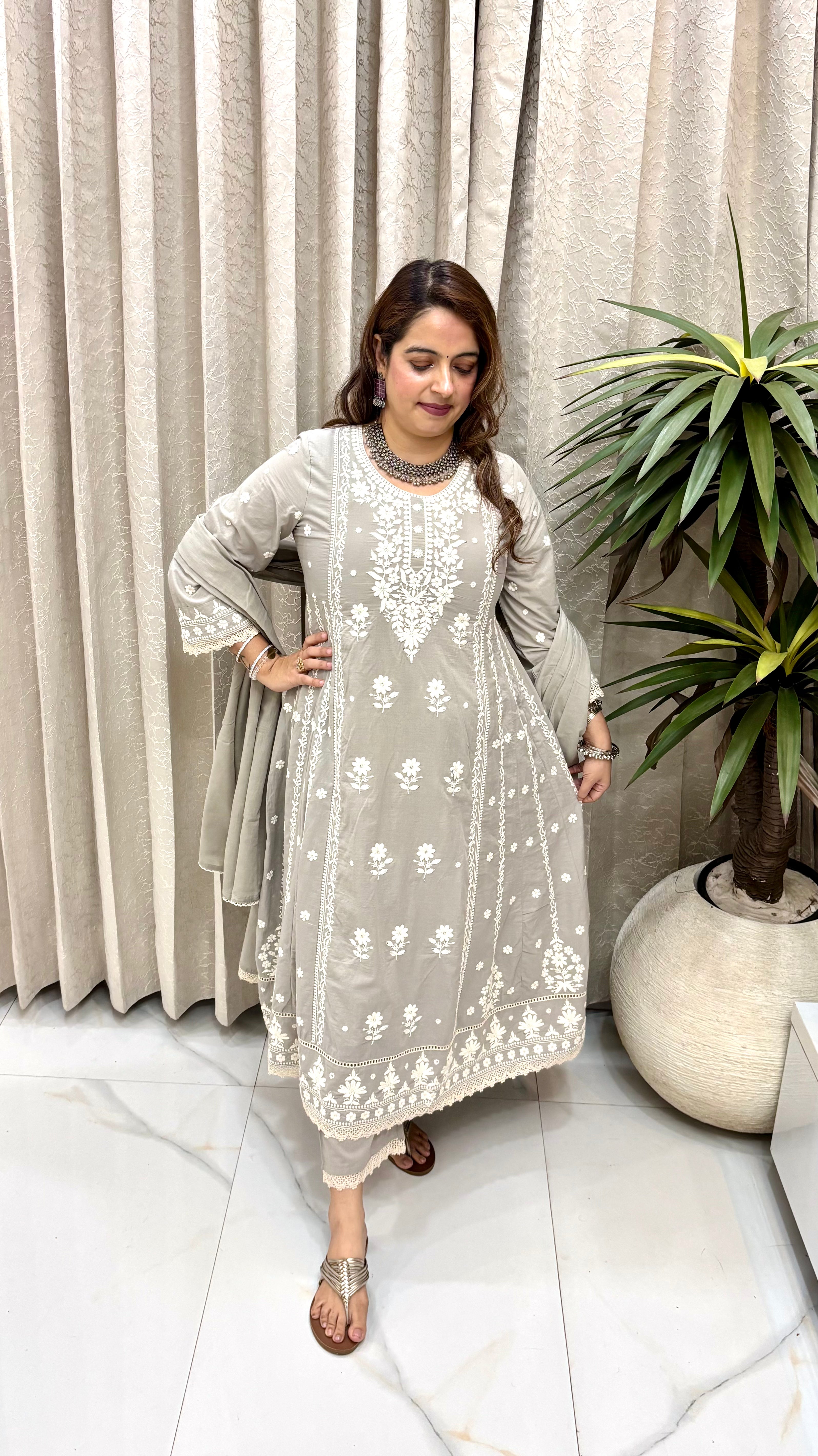 Regal Flares & Nawabi Craftsmanship  Pure Cotton 6-Kali Lucknowi Anarkali Suit Set with Ornate Crochet Lace Borders