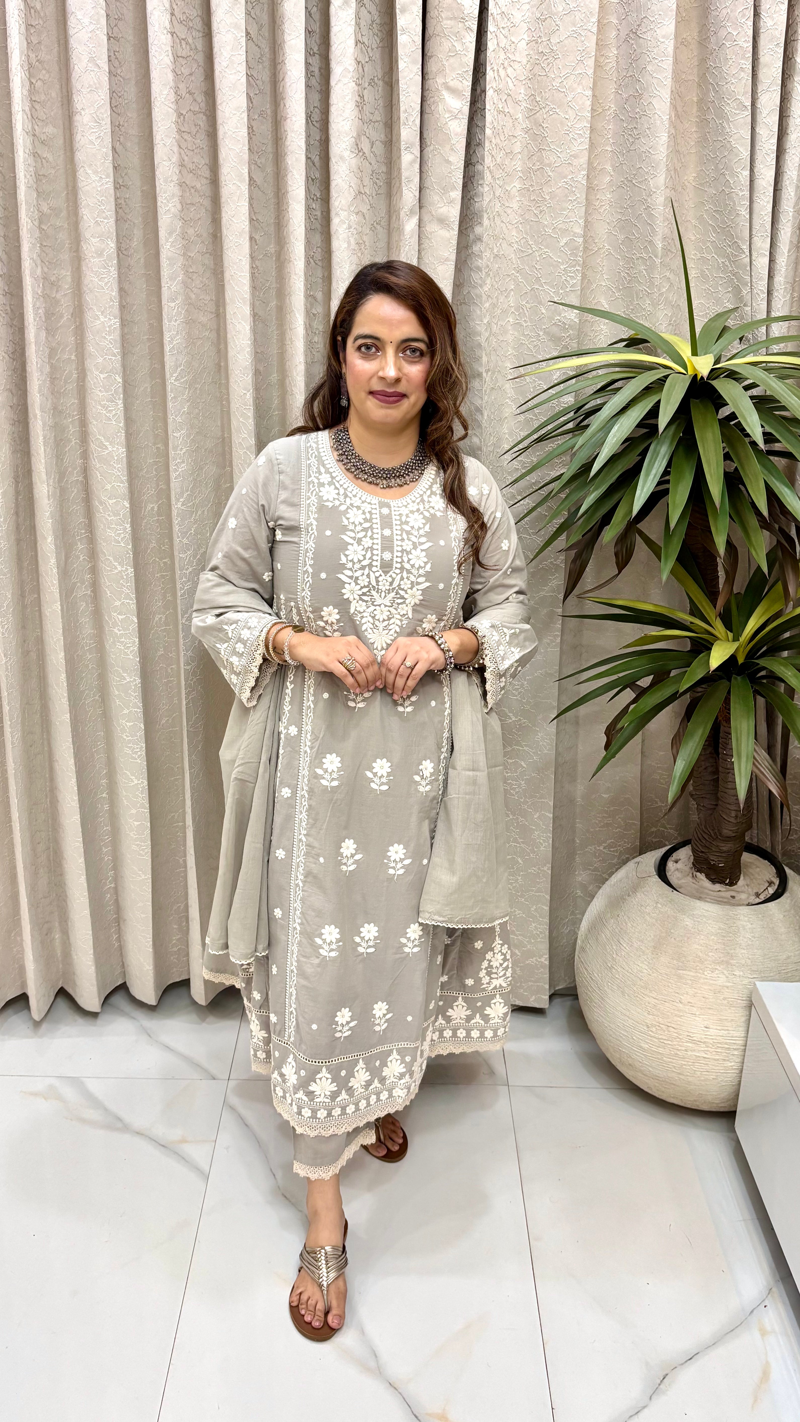 Regal Flares & Nawabi Craftsmanship  Pure Cotton 6-Kali Lucknowi Anarkali Suit Set with Ornate Crochet Lace Borders