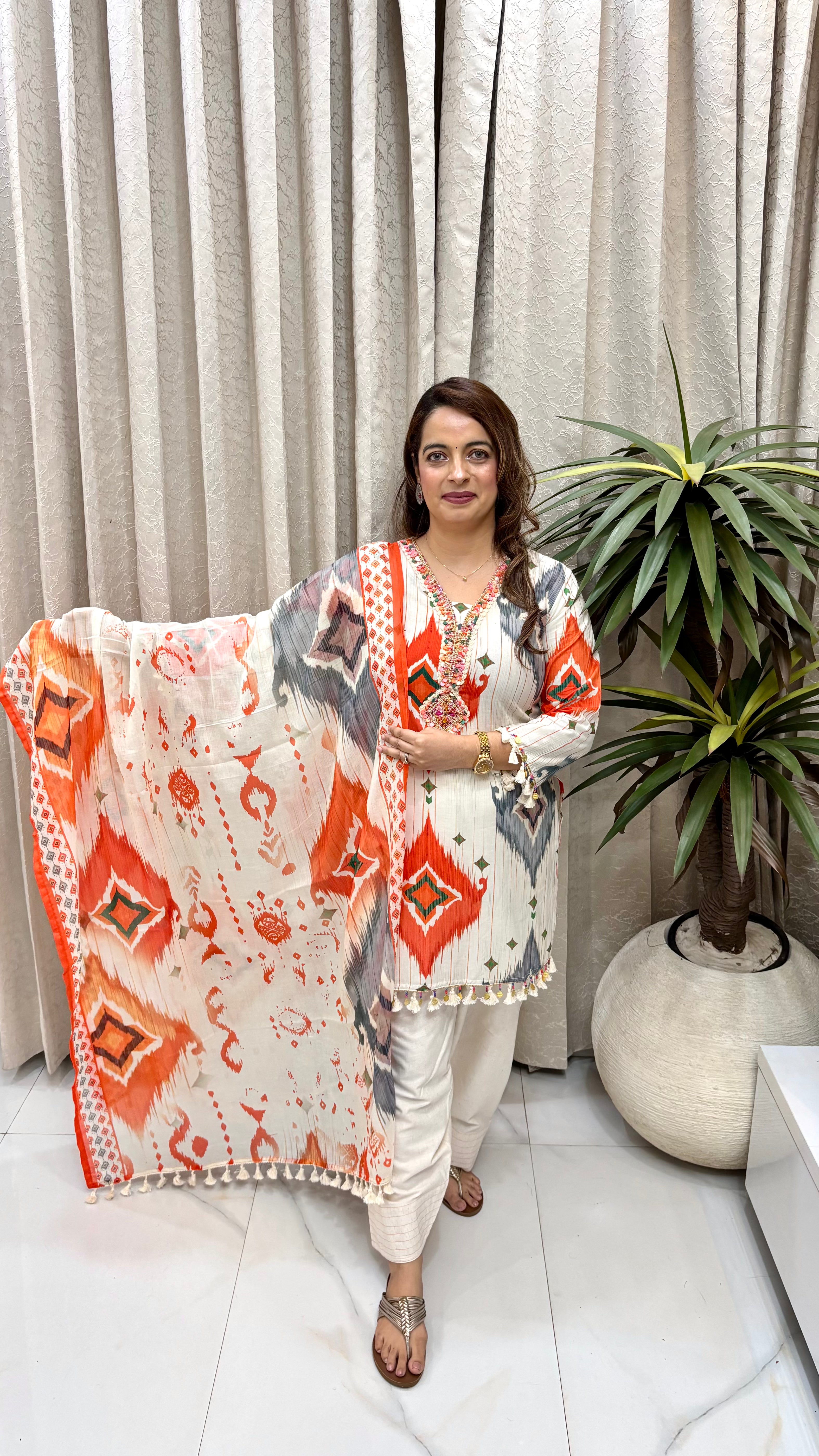 The Viral Sensation: Boutique Self-Stripe Farsi Set  Premium Cotton Hand-Embroidered Suit with Ginni Tassels & Traditional Farsi Salwar