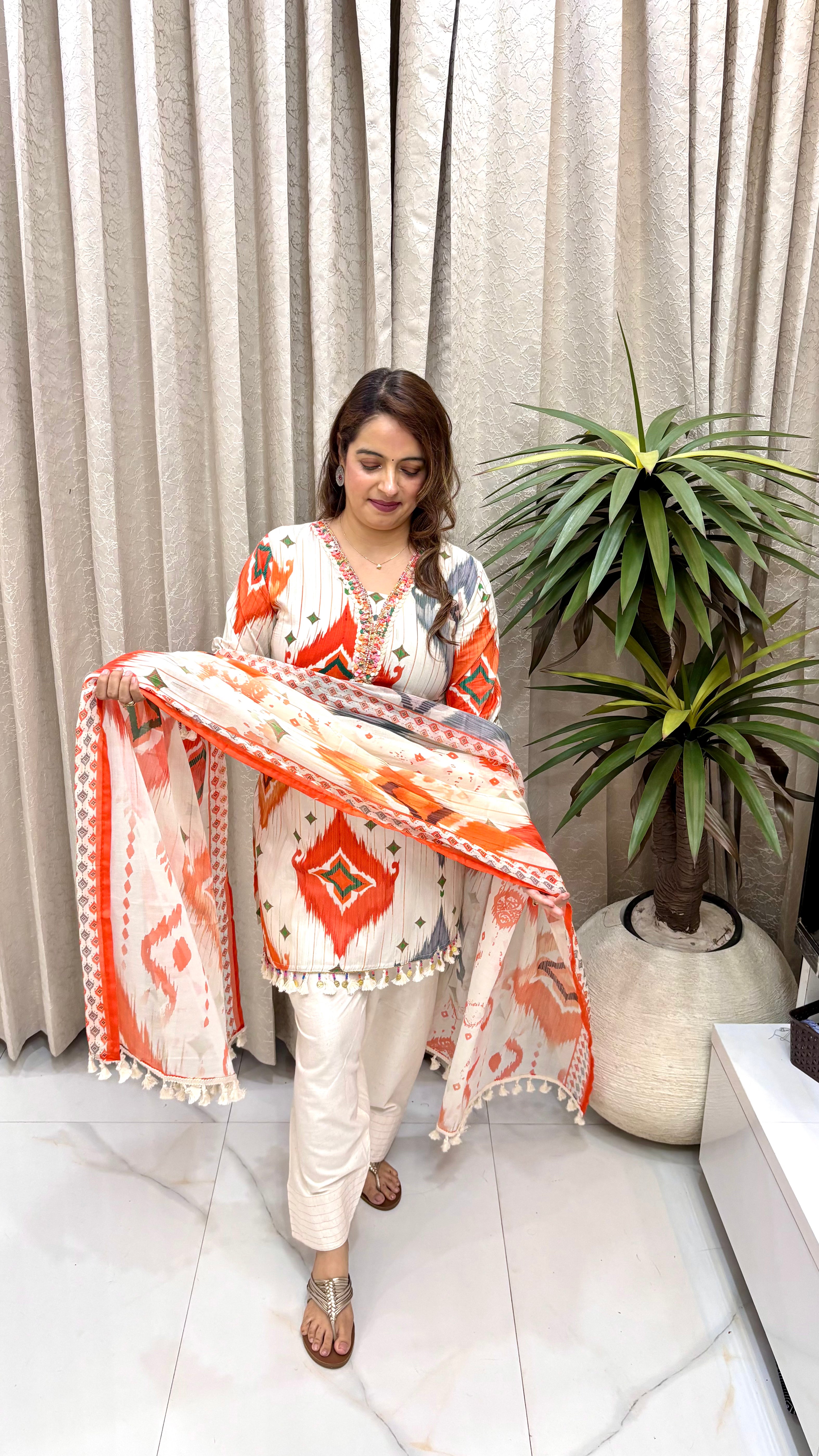 The Viral Sensation: Boutique Self-Stripe Farsi Set  Premium Cotton Hand-Embroidered Suit with Ginni Tassels & Traditional Farsi Salwar