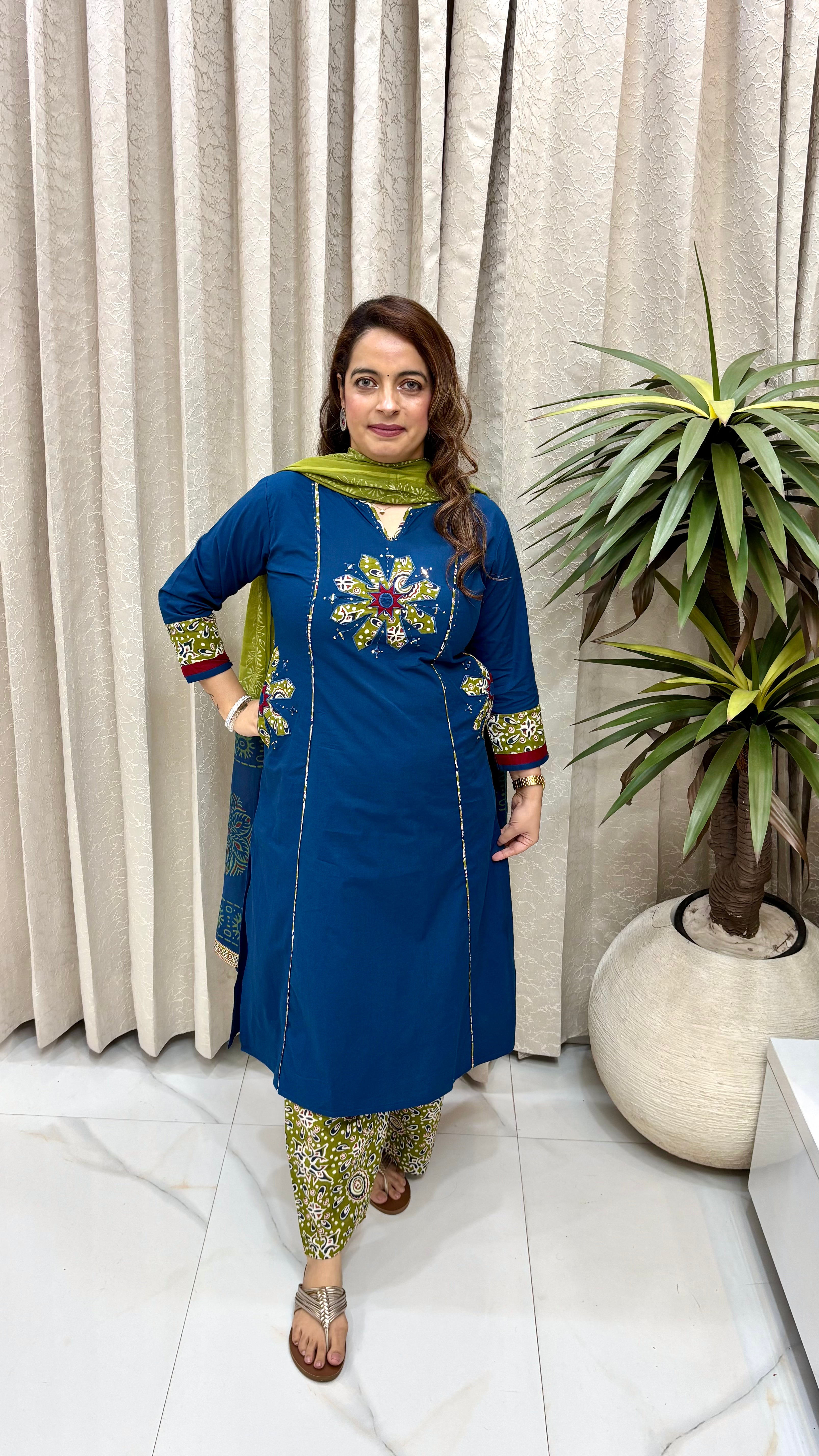 Pure Cotton Jaipuri Princess-Cut Suit Set with Applique, Real Mirror Work & Dual-Shade Dupatta