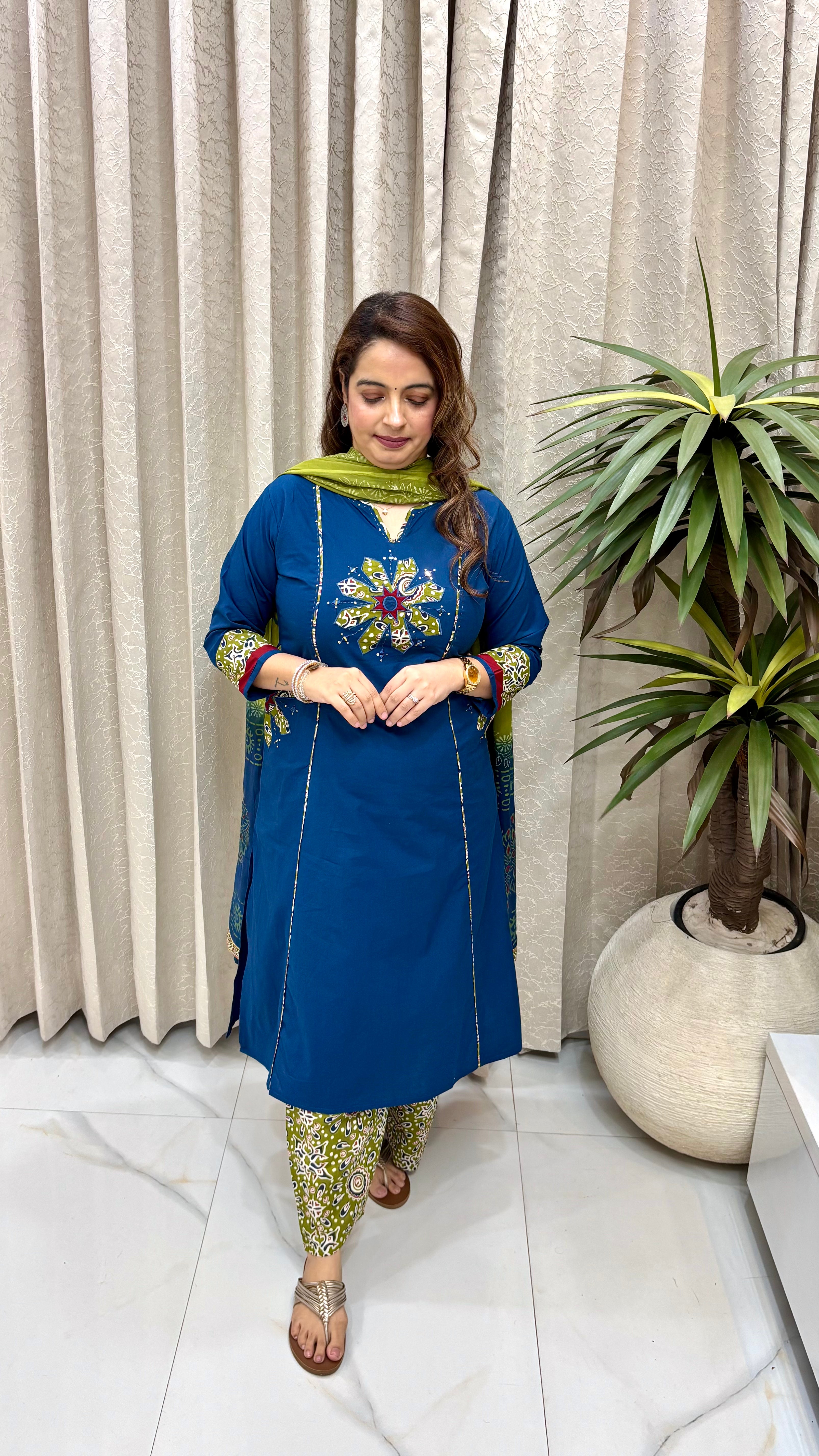 Pure Cotton Jaipuri Princess-Cut Suit Set with Applique, Real Mirror Work & Dual-Shade Dupatta