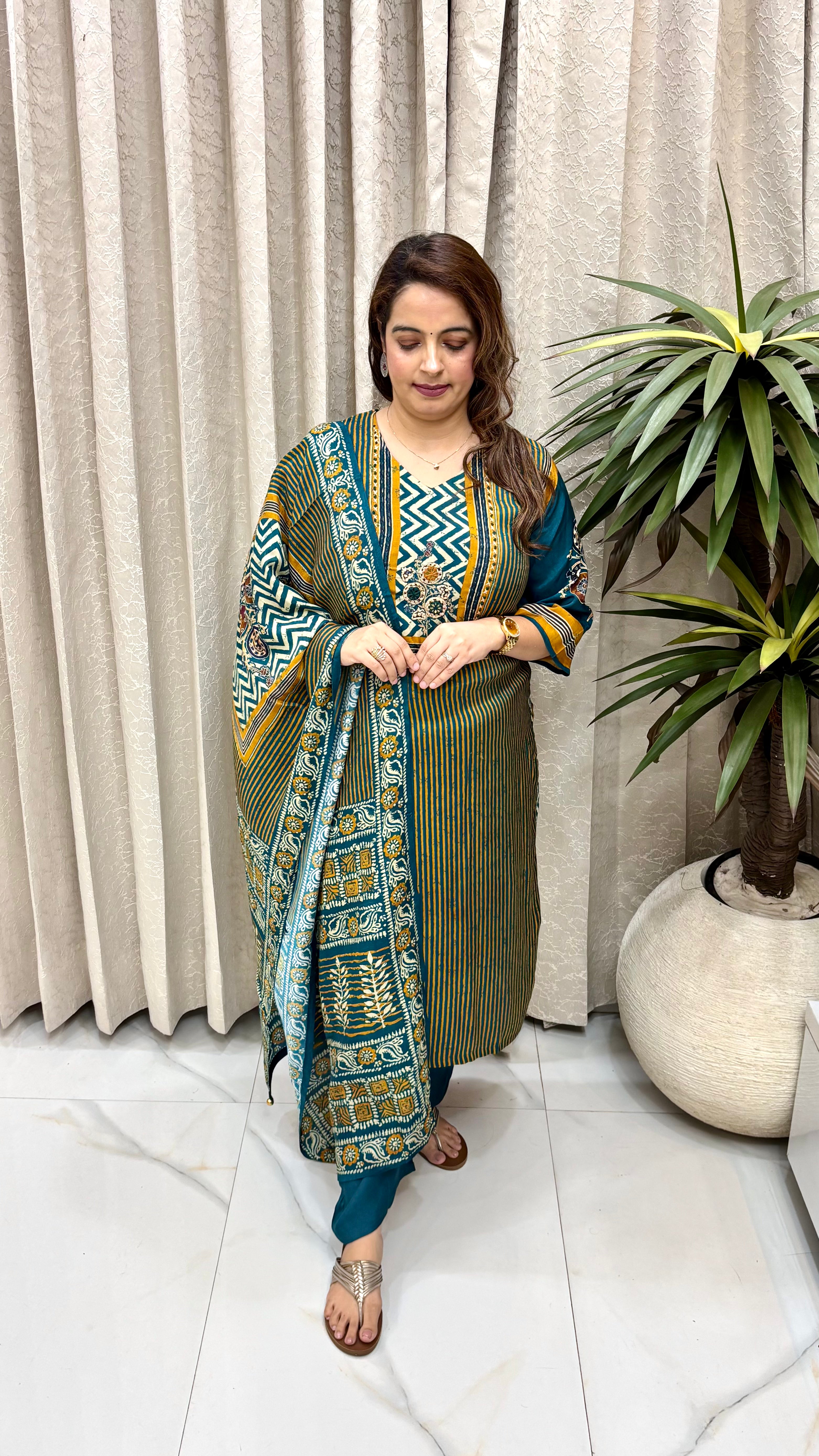 Premium Natural Crepe Ajrakh Suit Set with Mirror Work & Flared Bell Sleeves