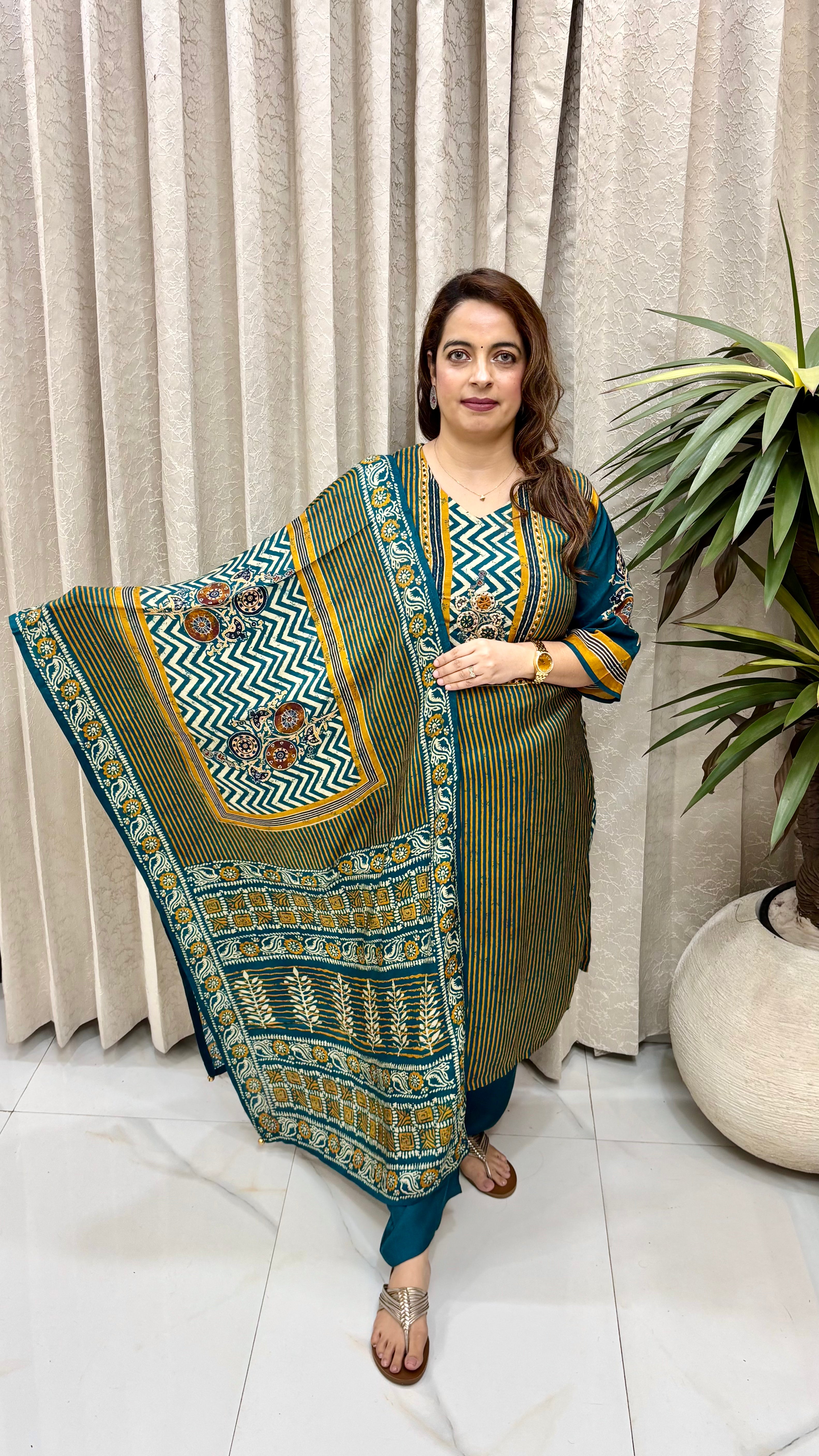 Premium Natural Crepe Ajrakh Suit Set with Mirror Work & Flared Bell Sleeves