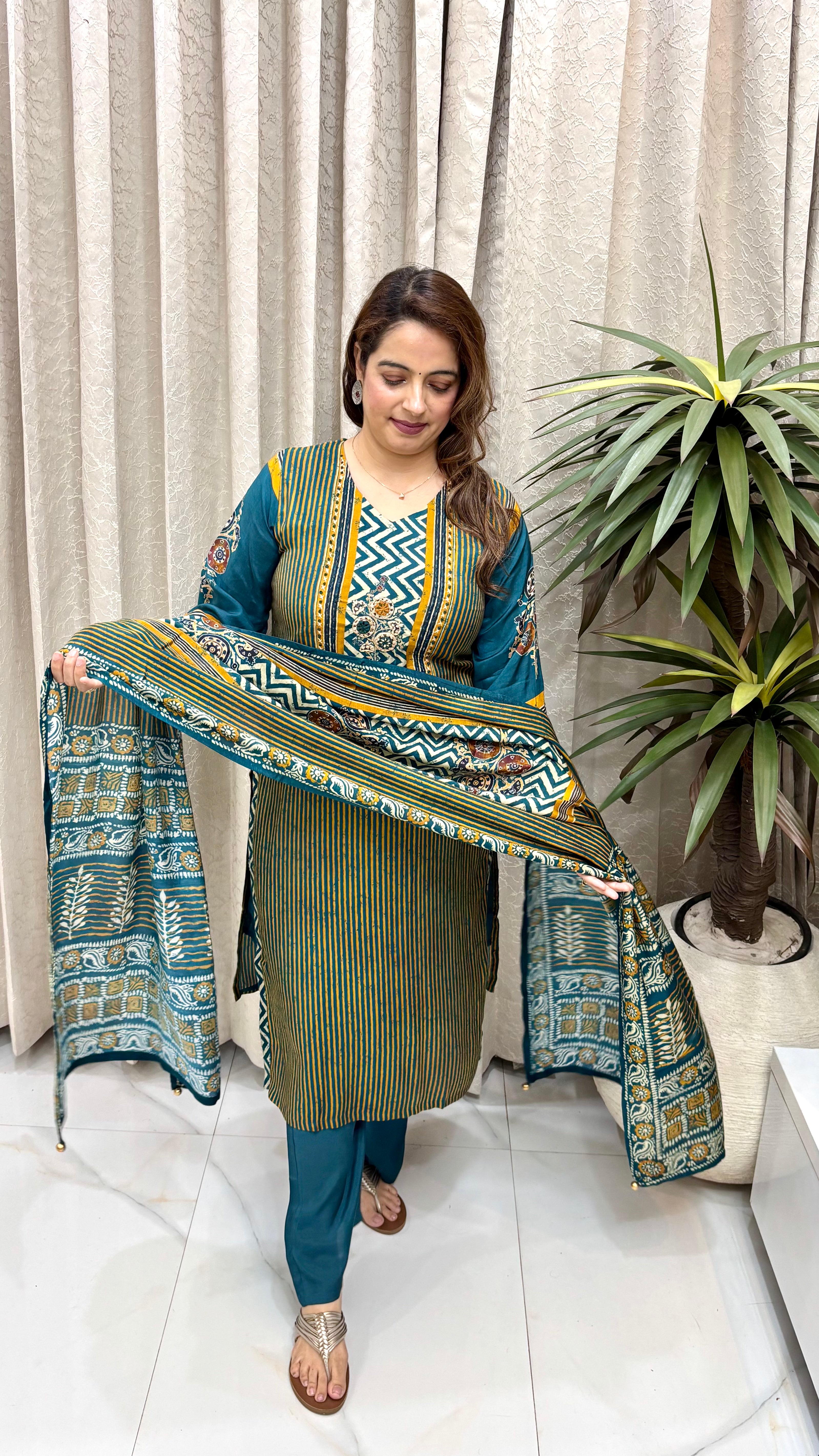 Premium Natural Crepe Ajrakh Suit Set with Mirror Work & Flared Bell Sleeves