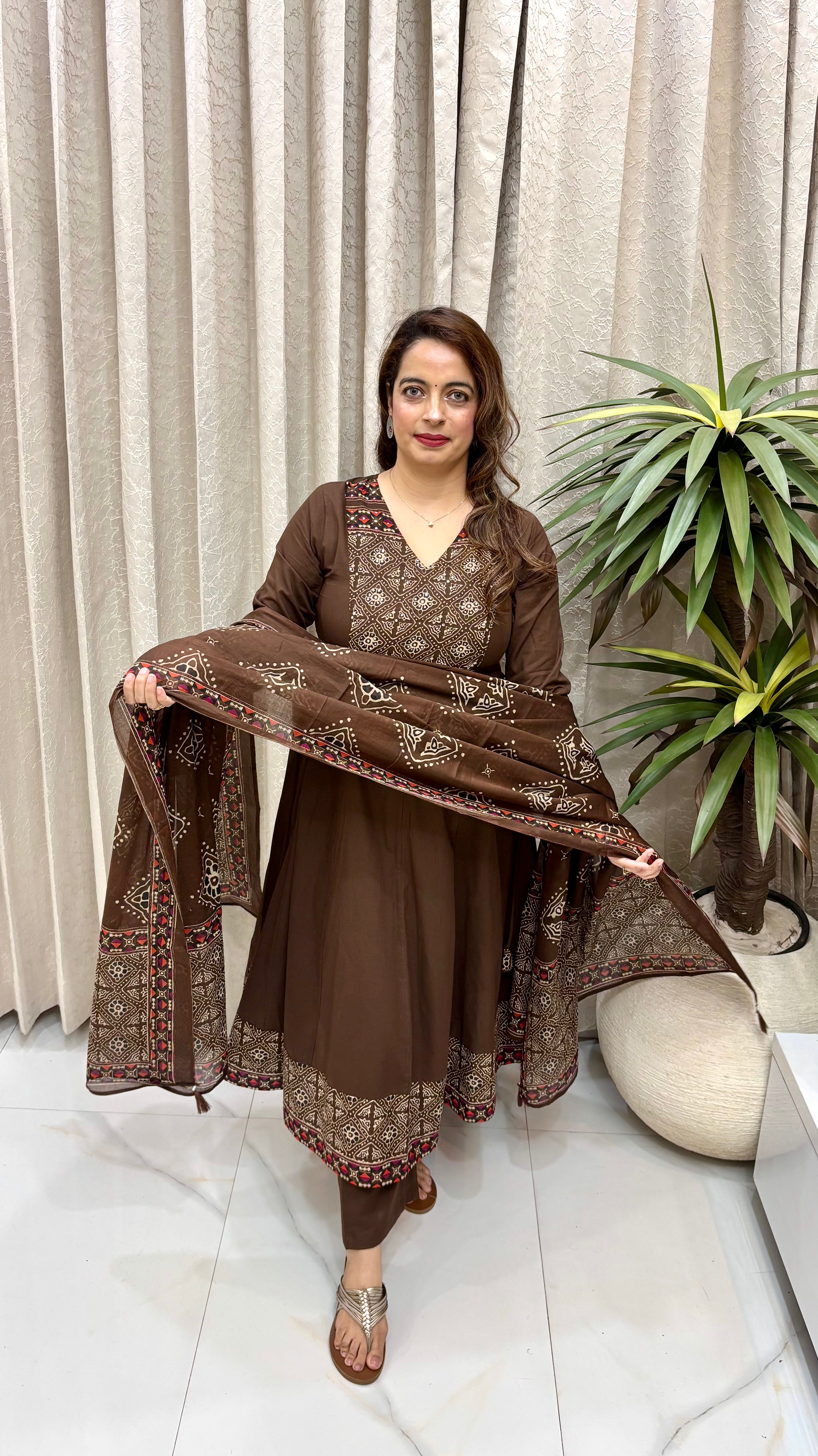 Pure Cotton Kalamkari Suit Set with Real Mirror Work, Smart Pocket & Double-Sided Tassels