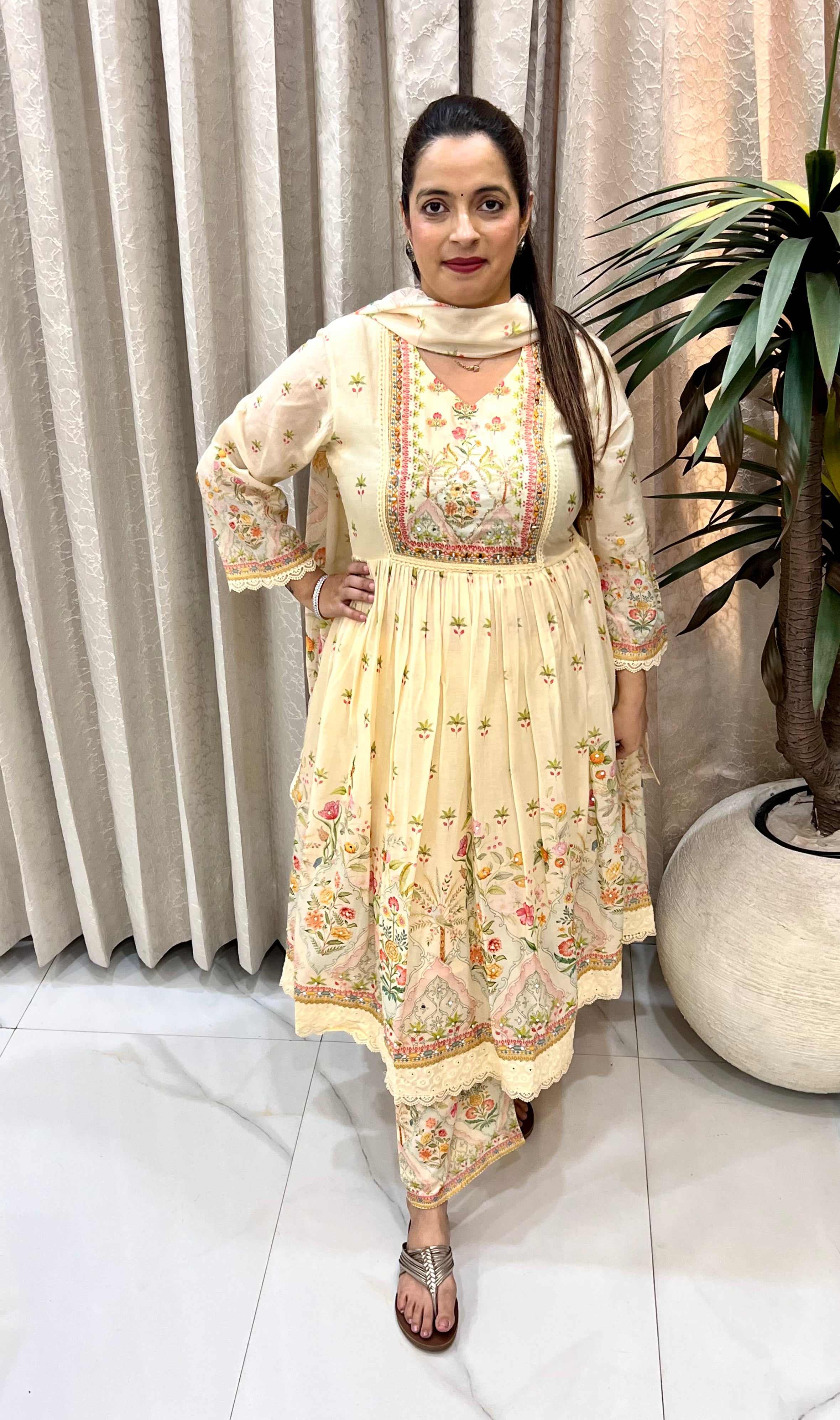 ✨ Mul Chanderi Anarkali Suit with Digital Print & Hand Embroidery