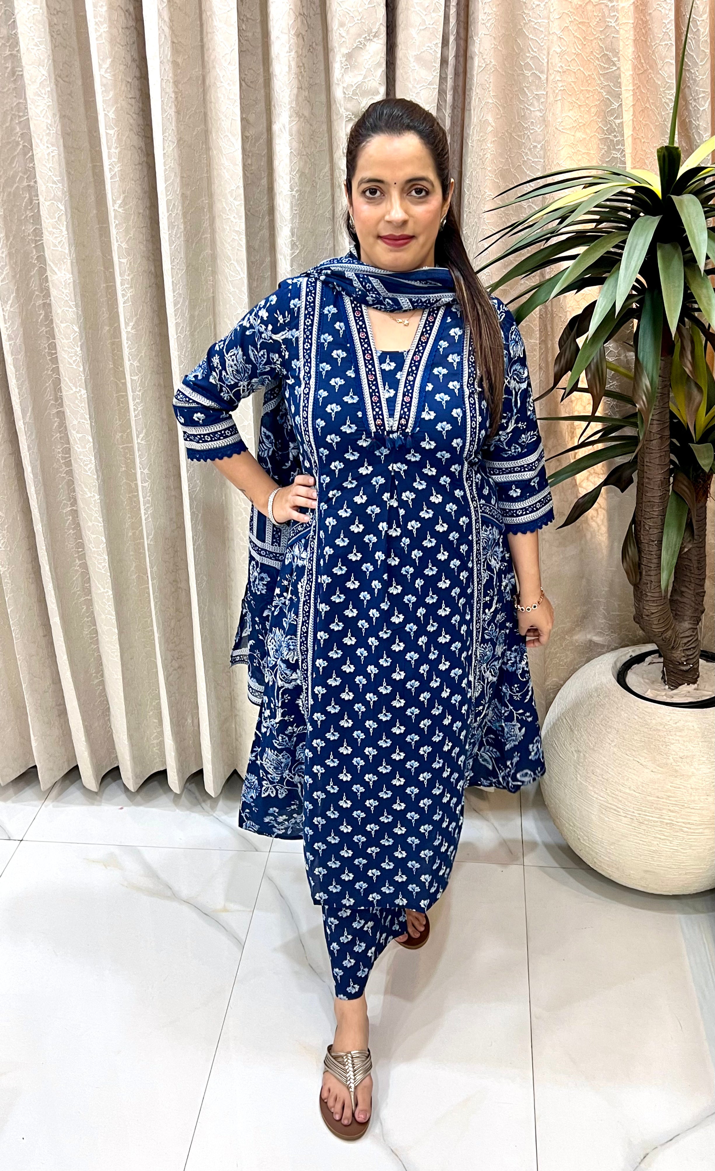 ✨ Pure Cotton Kalamkari A-Line Suit with Hand Embroidery