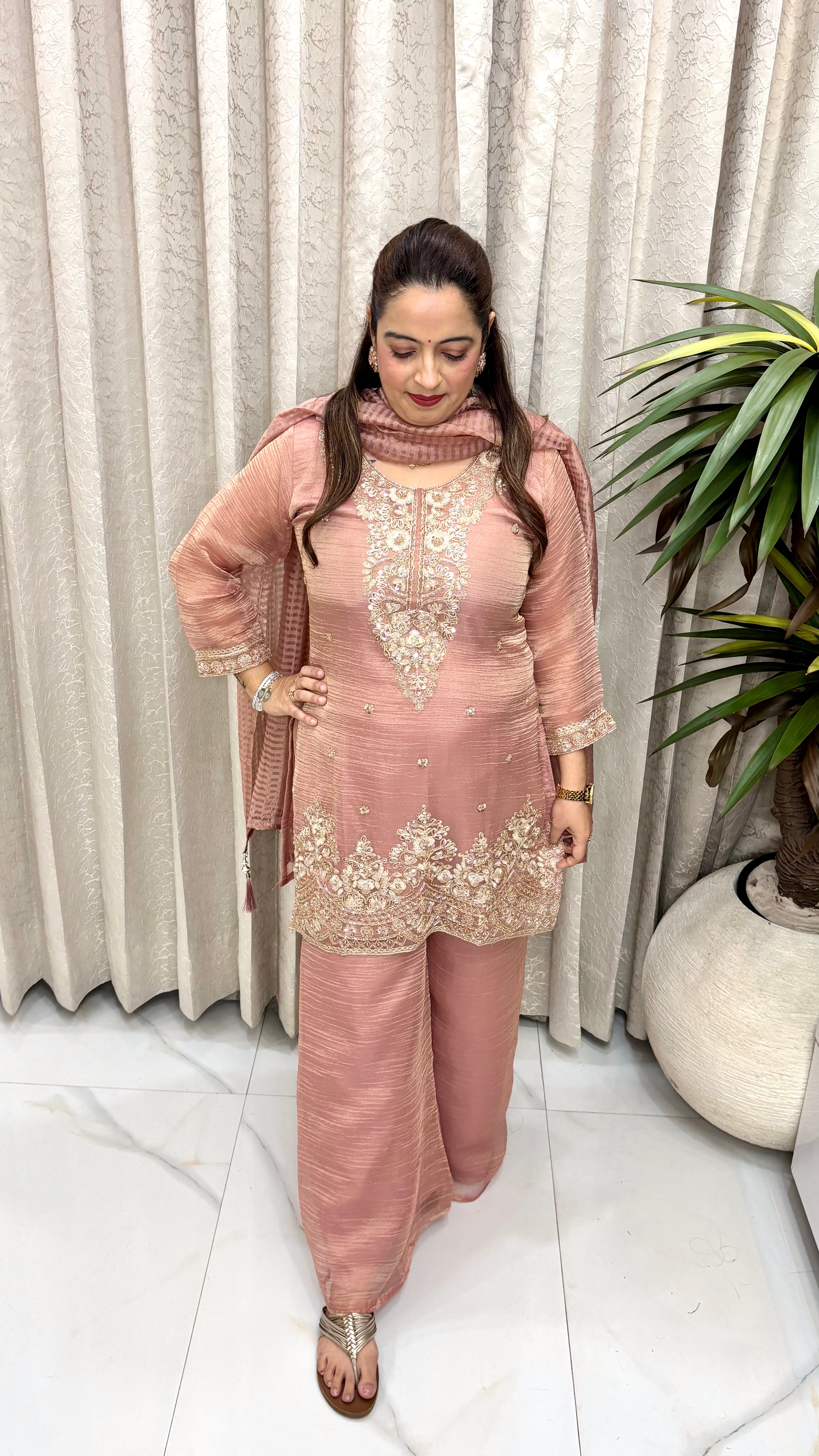 Premium Organza Shimmer Suit with Cutdana, Sequins, Resham Threadwork & Lagdi Patta Dupatta