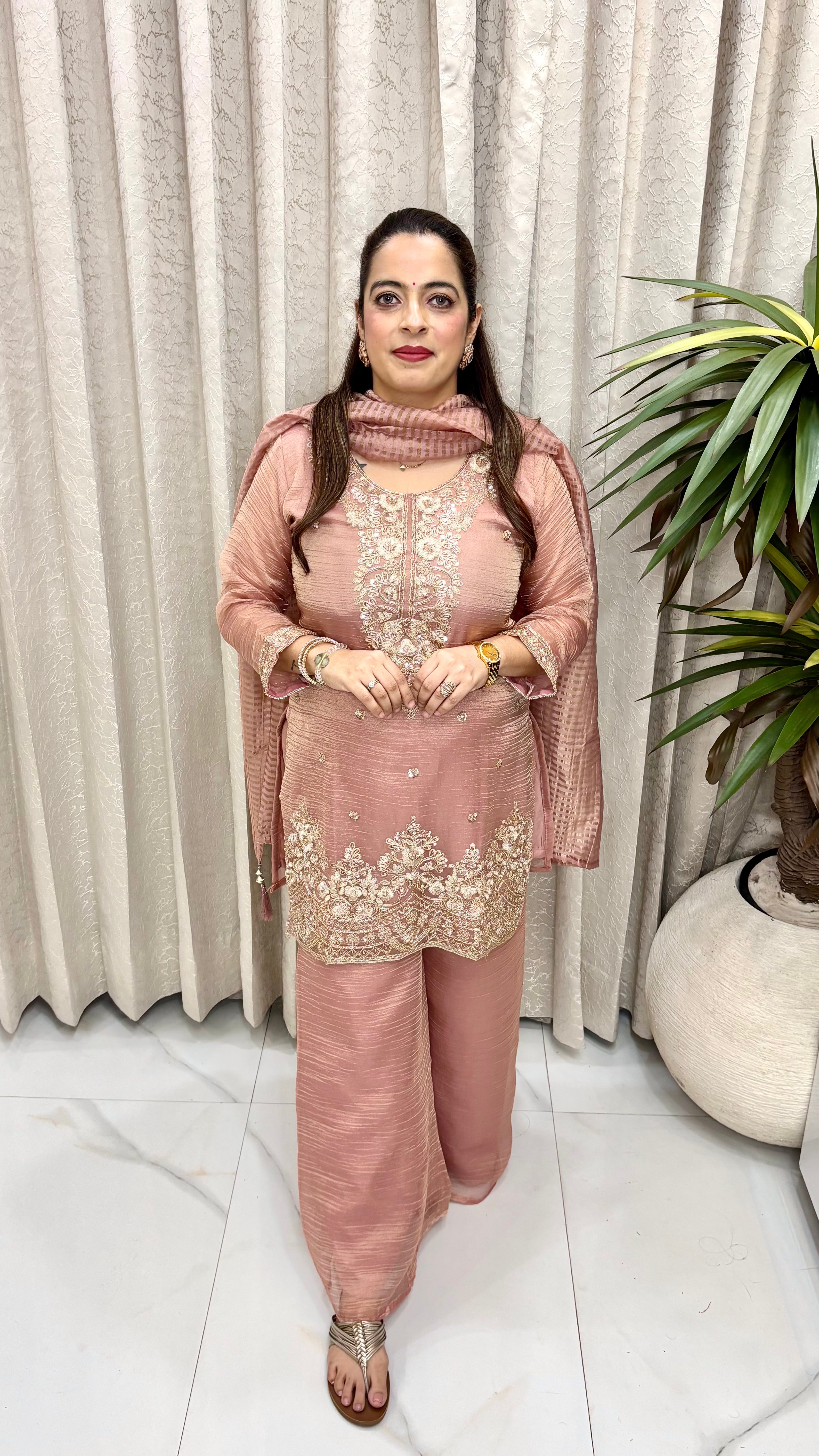 Premium Organza Shimmer Suit with Cutdana, Sequins, Resham Threadwork & Lagdi Patta Dupatta