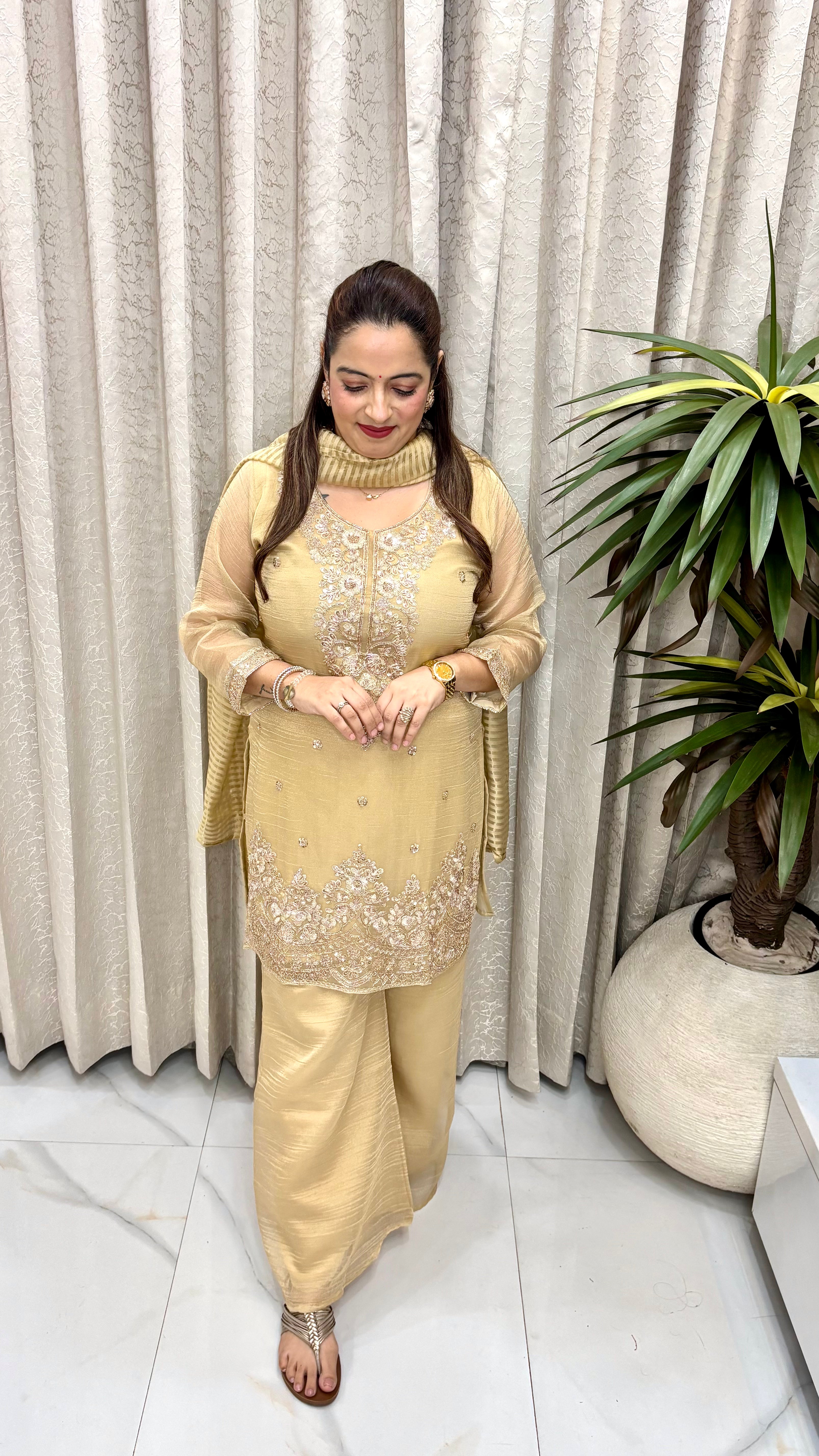 Premium Organza Shimmer Suit with Cutdana, Sequins, Resham Threadwork & Lagdi Patta Dupatta