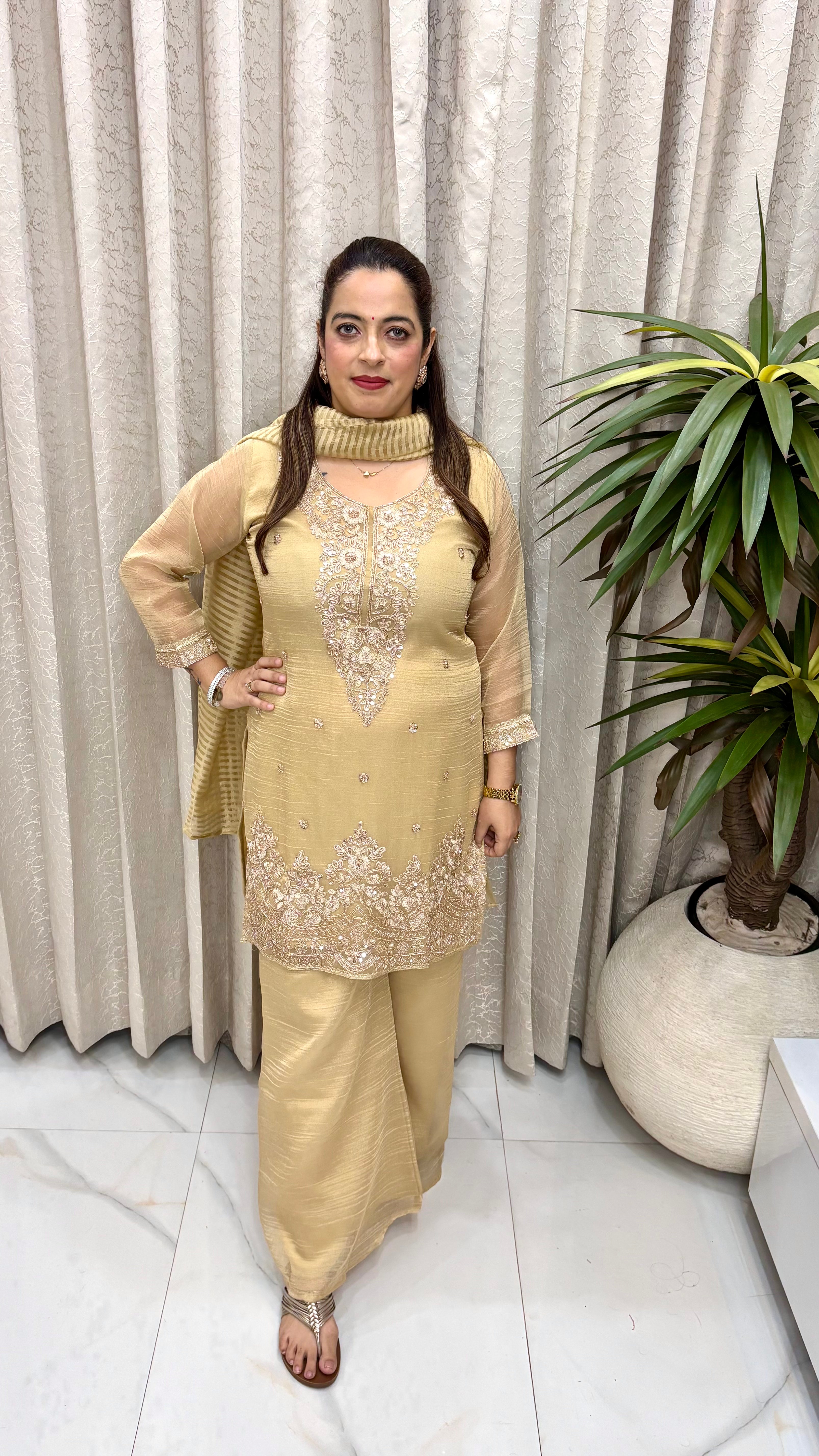 Premium Organza Shimmer Suit with Cutdana, Sequins, Resham Threadwork & Lagdi Patta Dupatta