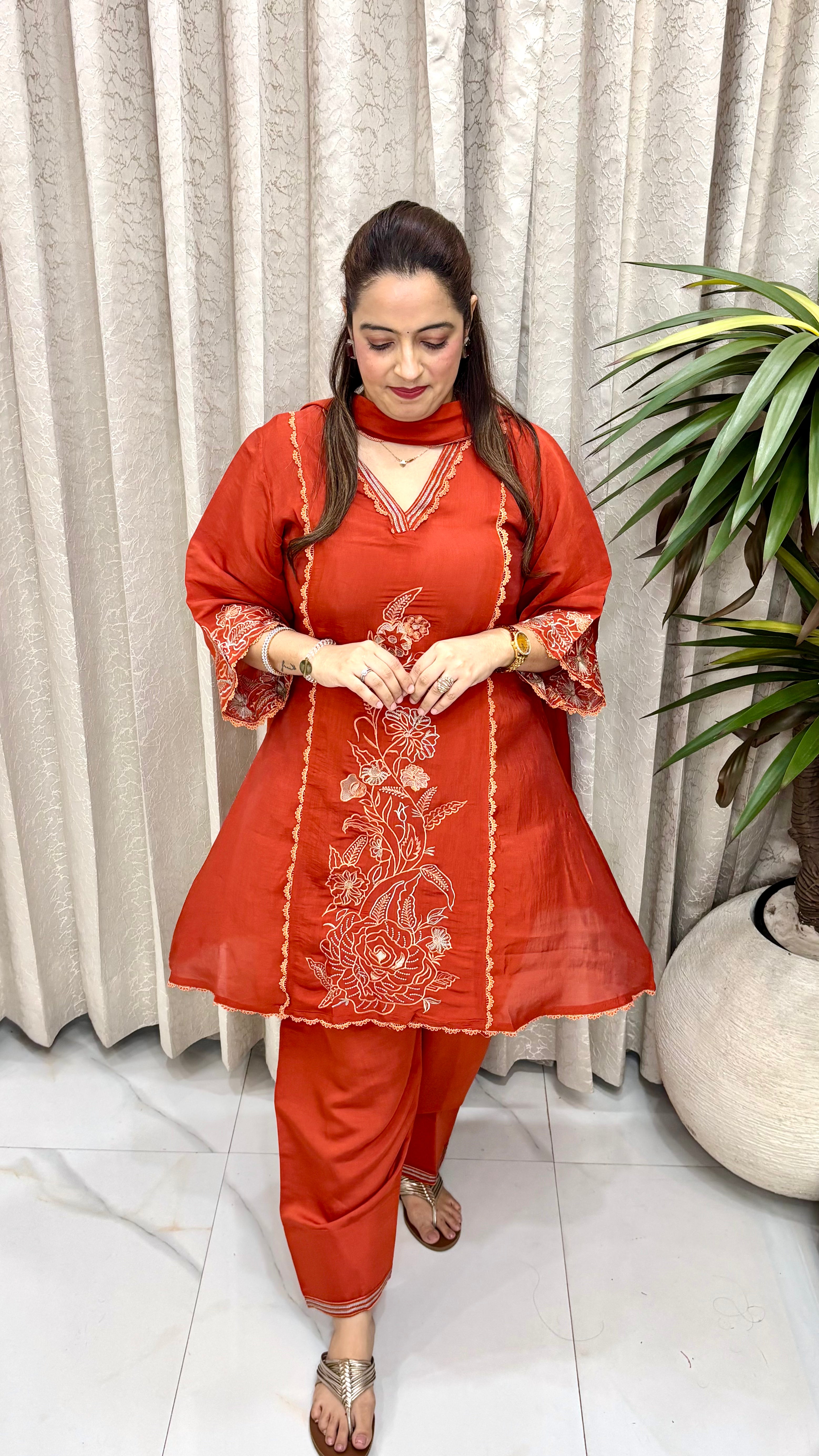 Premium Mul Chanderi Suit Set with Traditional Panel Lace, Bell Sleeves & Cutwork Dupatta