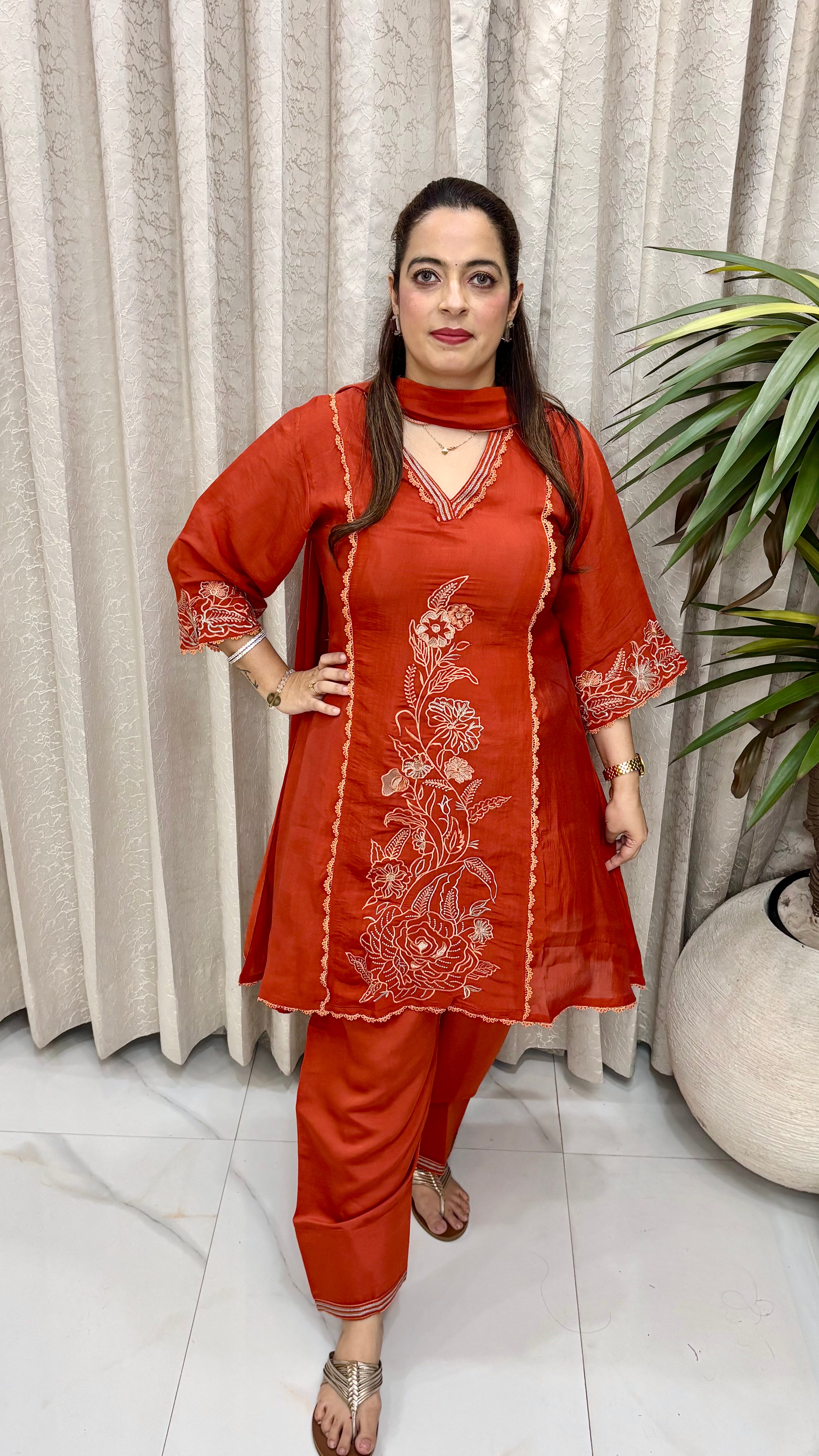 Premium Mul Chanderi Suit Set with Traditional Panel Lace, Bell Sleeves & Cutwork Dupatta