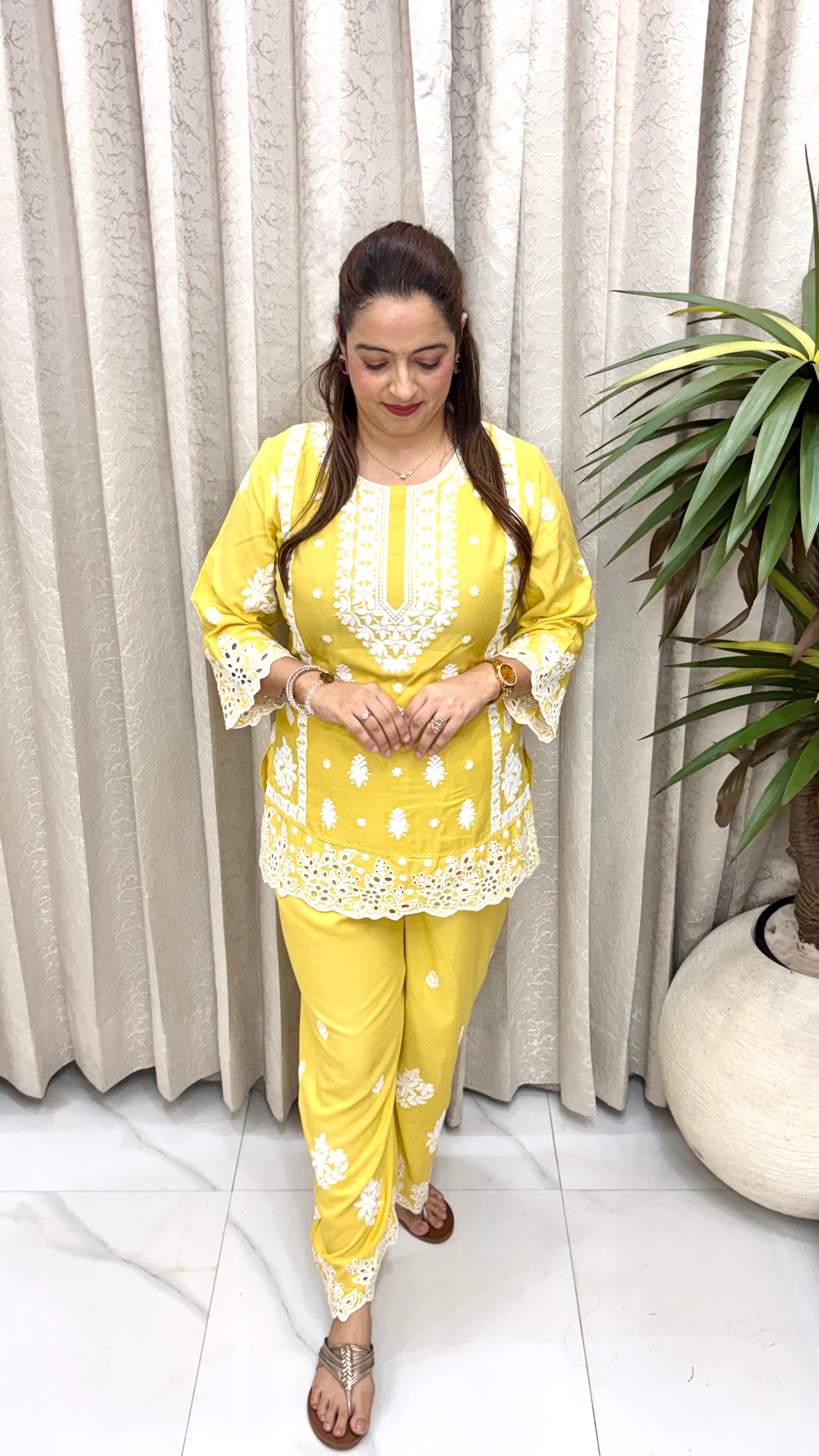 Pure Cotton Schiffli Co-ord Set with All-Over Thread Embroidery & Crochet Lace Accents