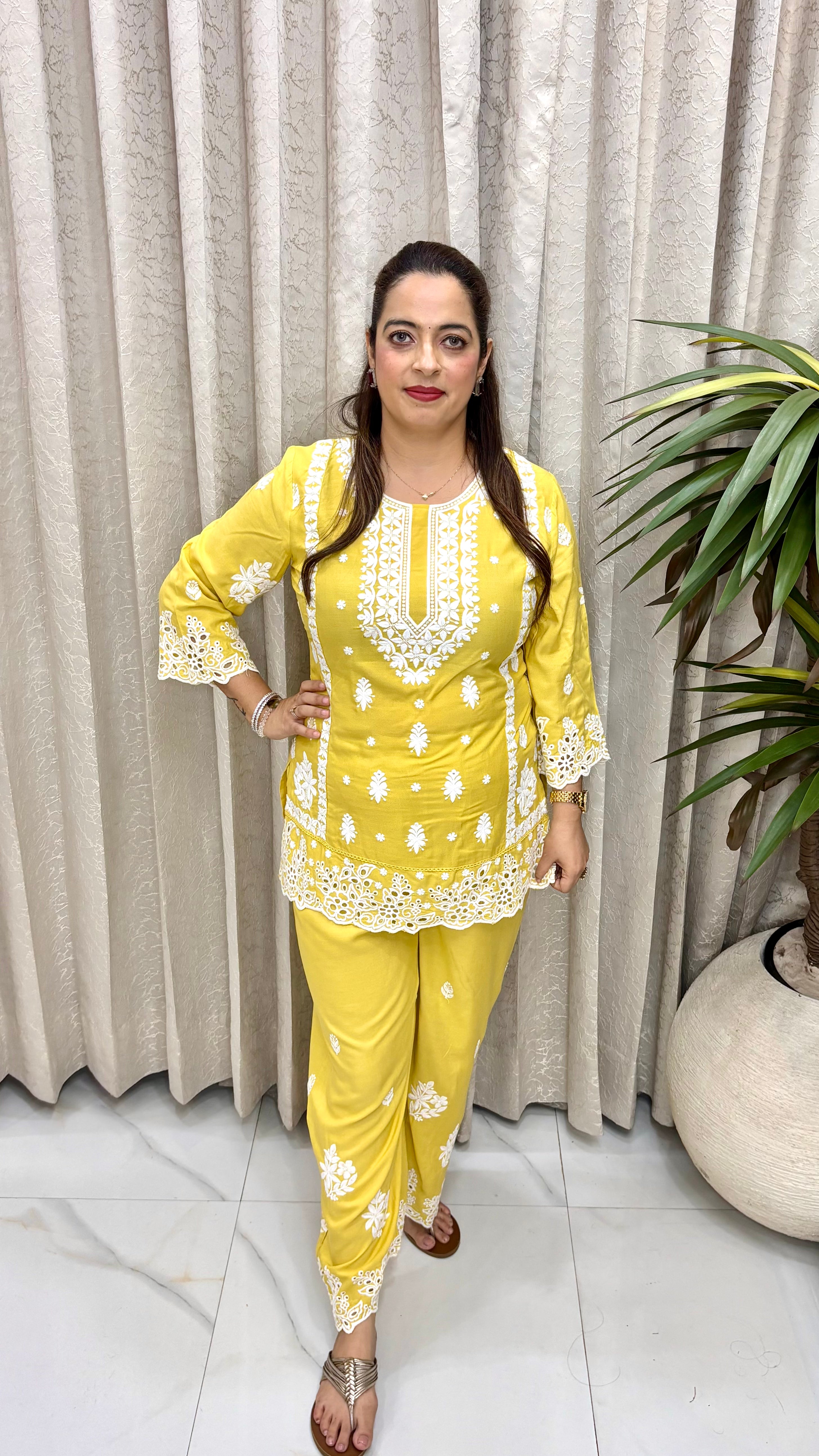 Pure Cotton Schiffli Co-ord Set with All-Over Thread Embroidery & Crochet Lace Accents