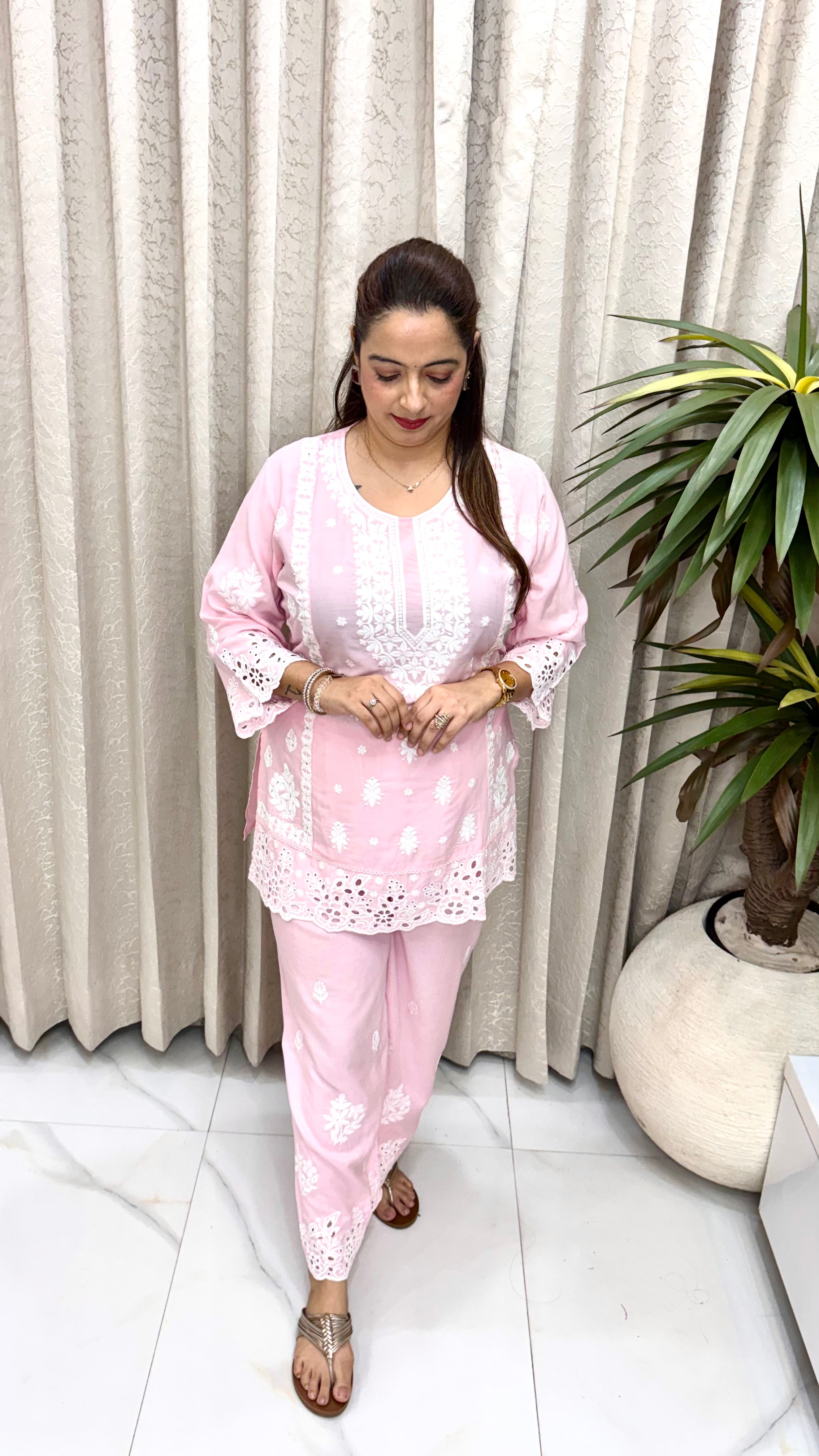 Pure Cotton Schiffli Co-ord Set with All-Over Thread Embroidery & Crochet Lace Accents