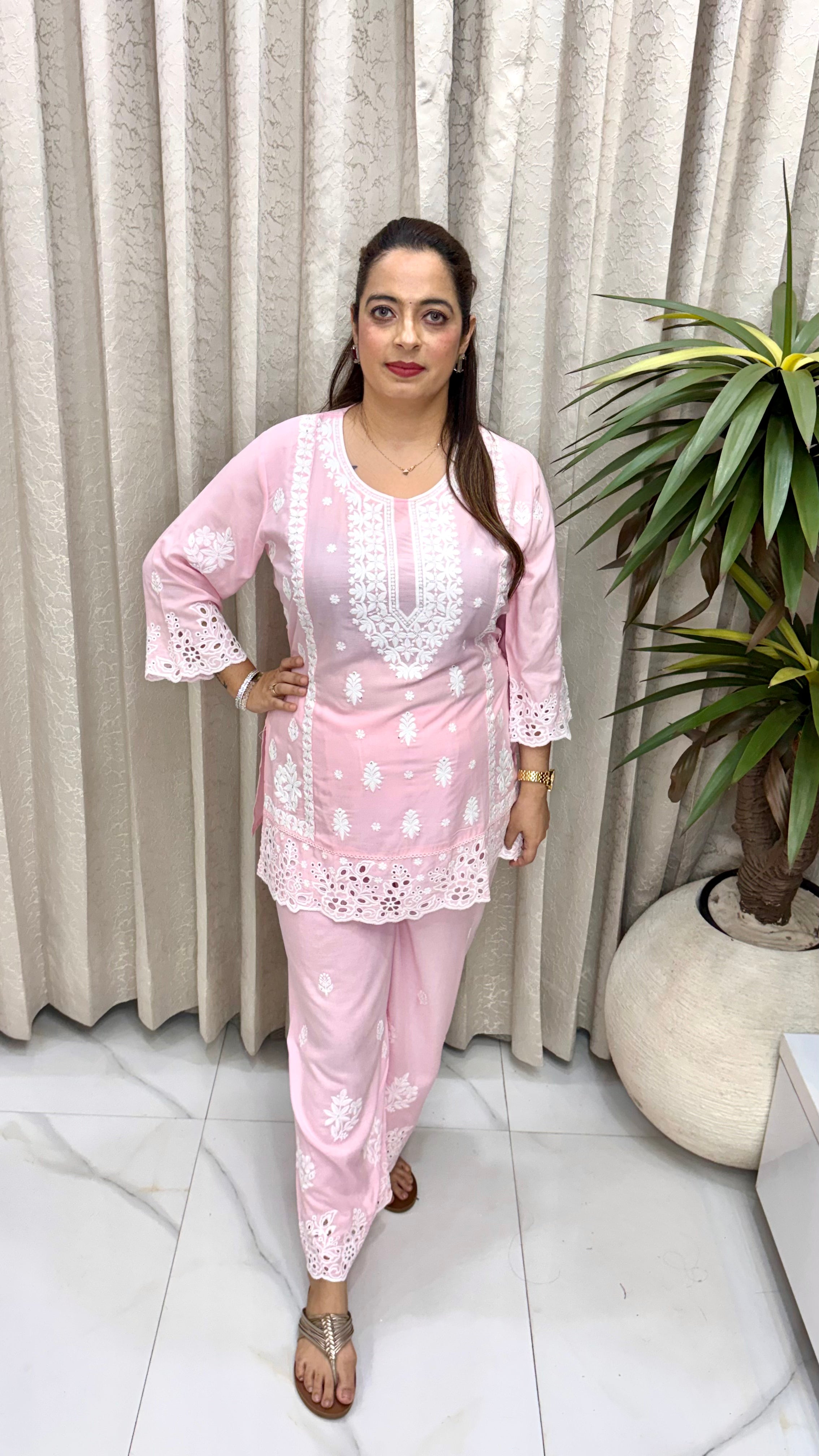 Pure Cotton Schiffli Co-ord Set with All-Over Thread Embroidery & Crochet Lace Accents