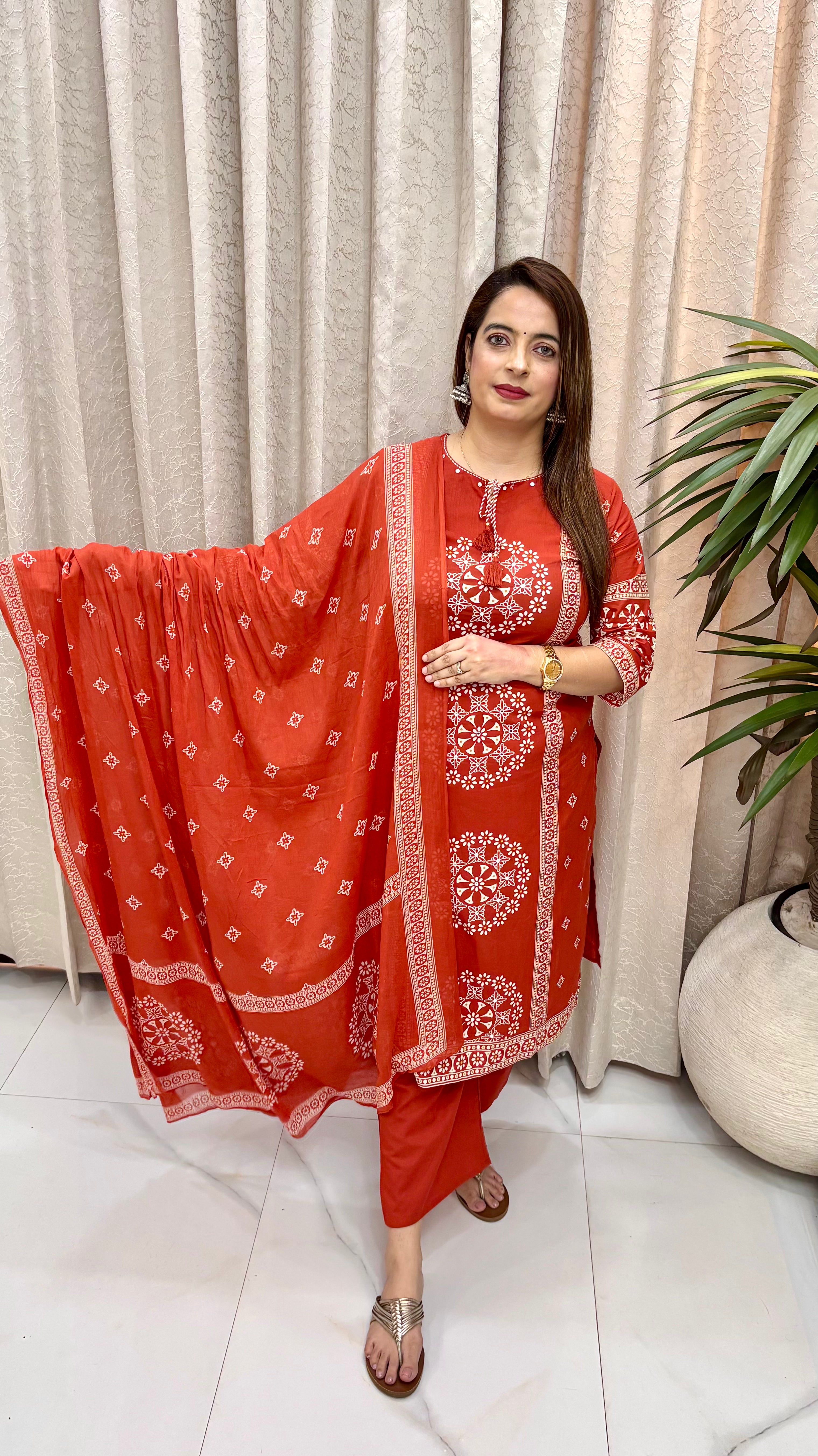 Pure Cotton Block-Print Suit Set with Kantha Work, Real Mirrors, & Weightless Mulmul Dupatta