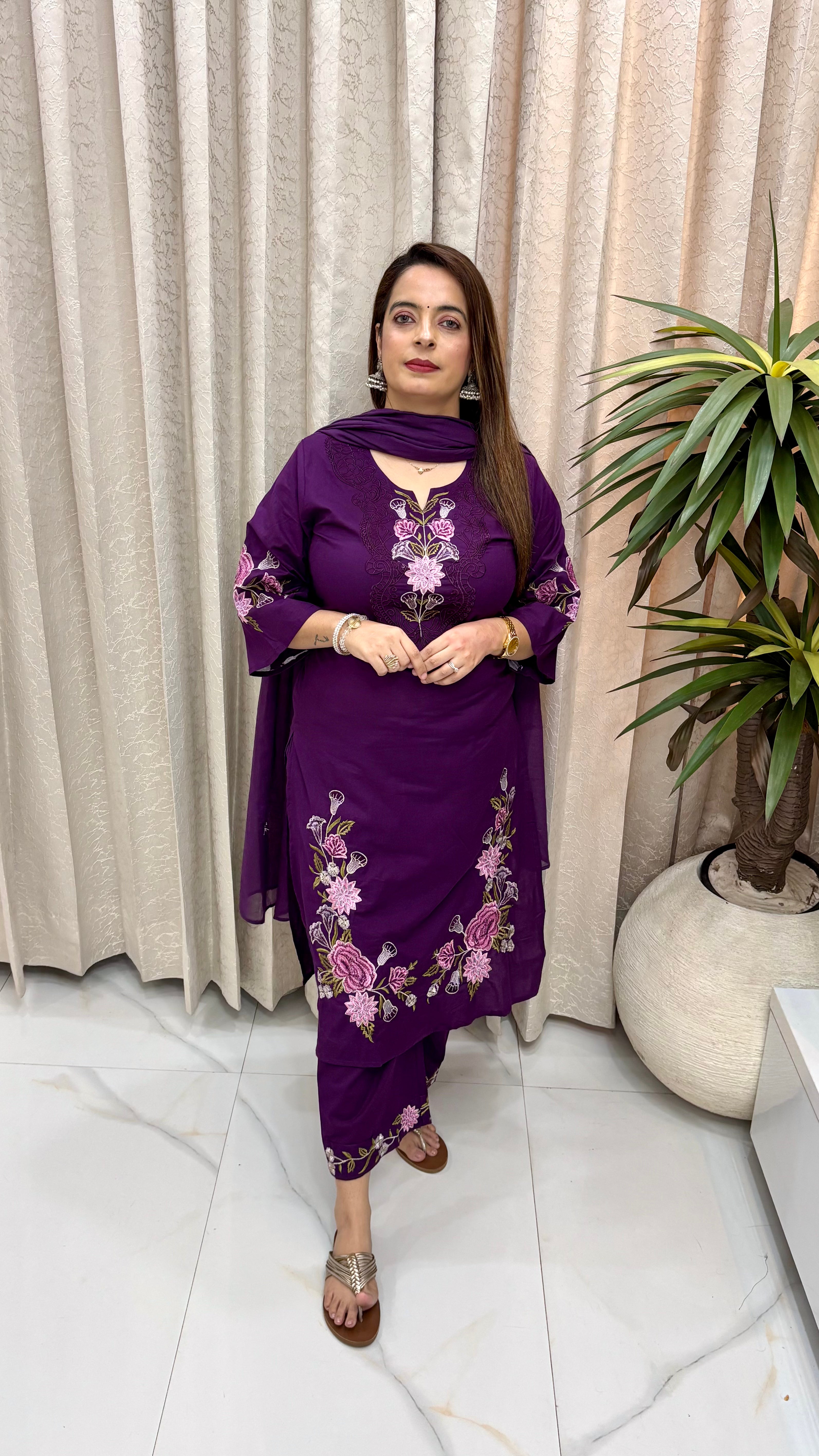 Premium Pure Cotton Suit Set with All-Over Handwork on Neckline, Sleeves, Chalk, Hemline & Coordinated Dupatta