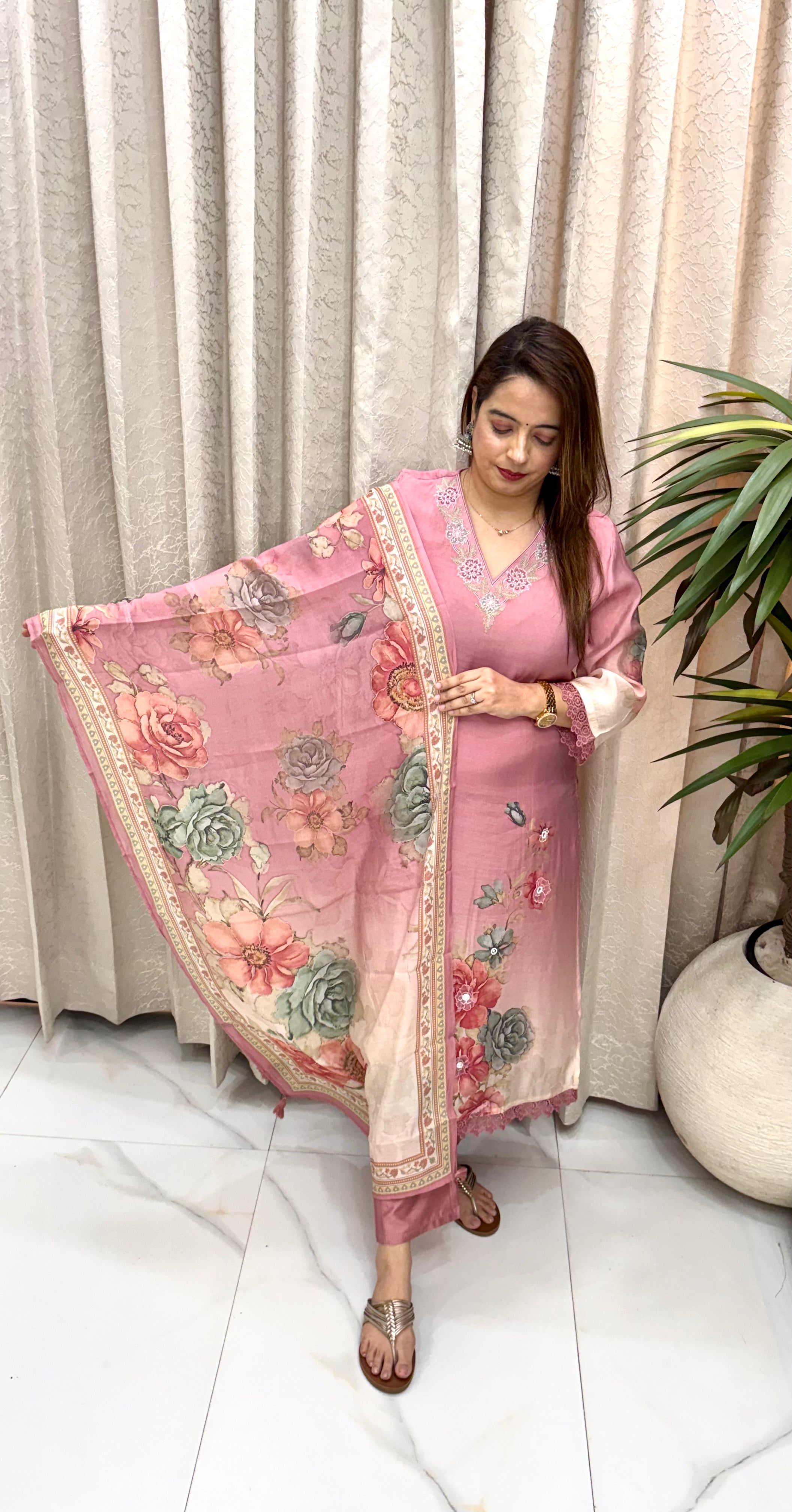 Premium Mul Chanderi Floral Suit Set with Organza Appliqué, Luminous Pearls, & Cotton Silk Bottoms