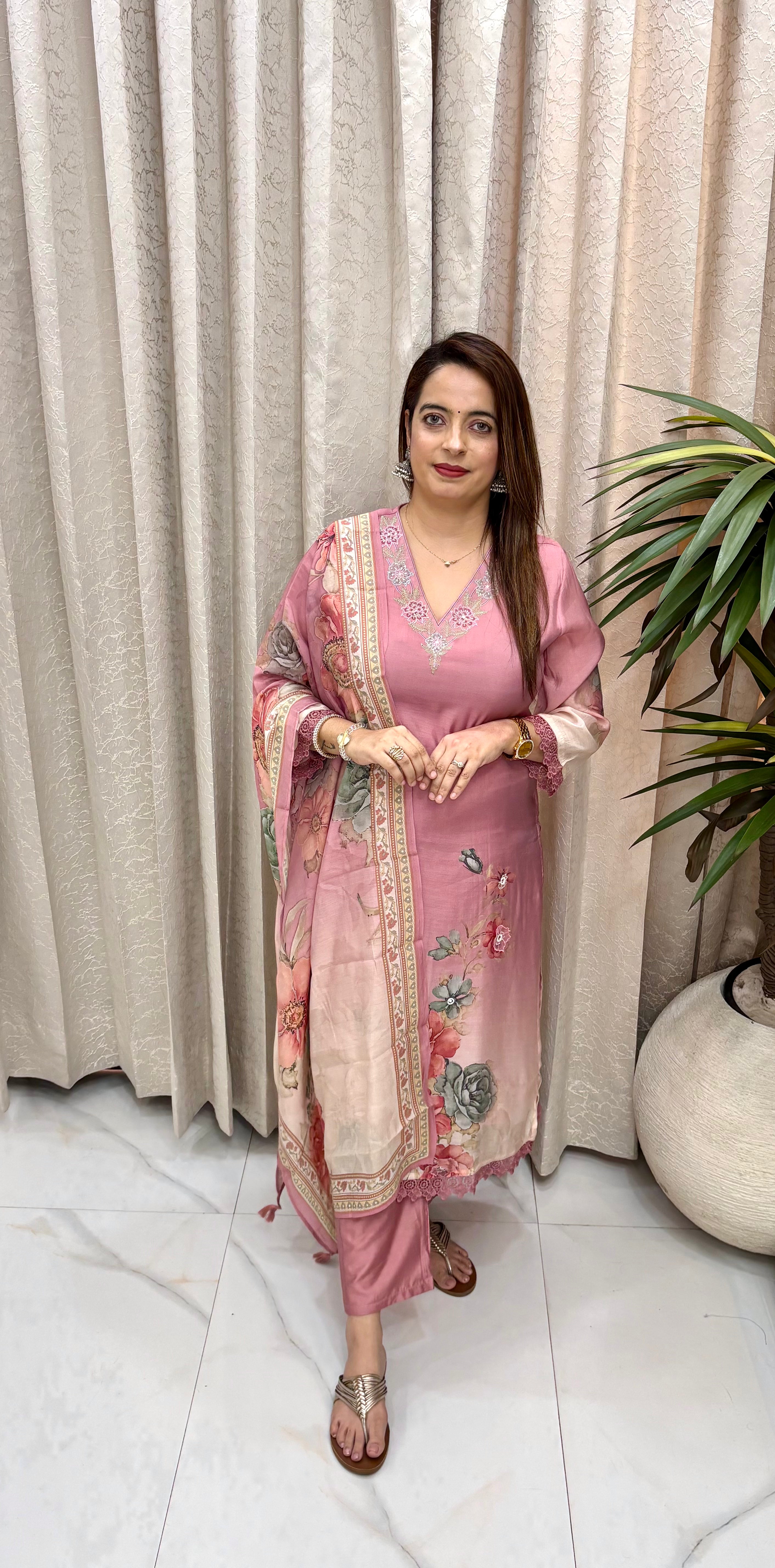 Premium Mul Chanderi Floral Suit Set with Organza Appliqué, Luminous Pearls, & Cotton Silk Bottoms