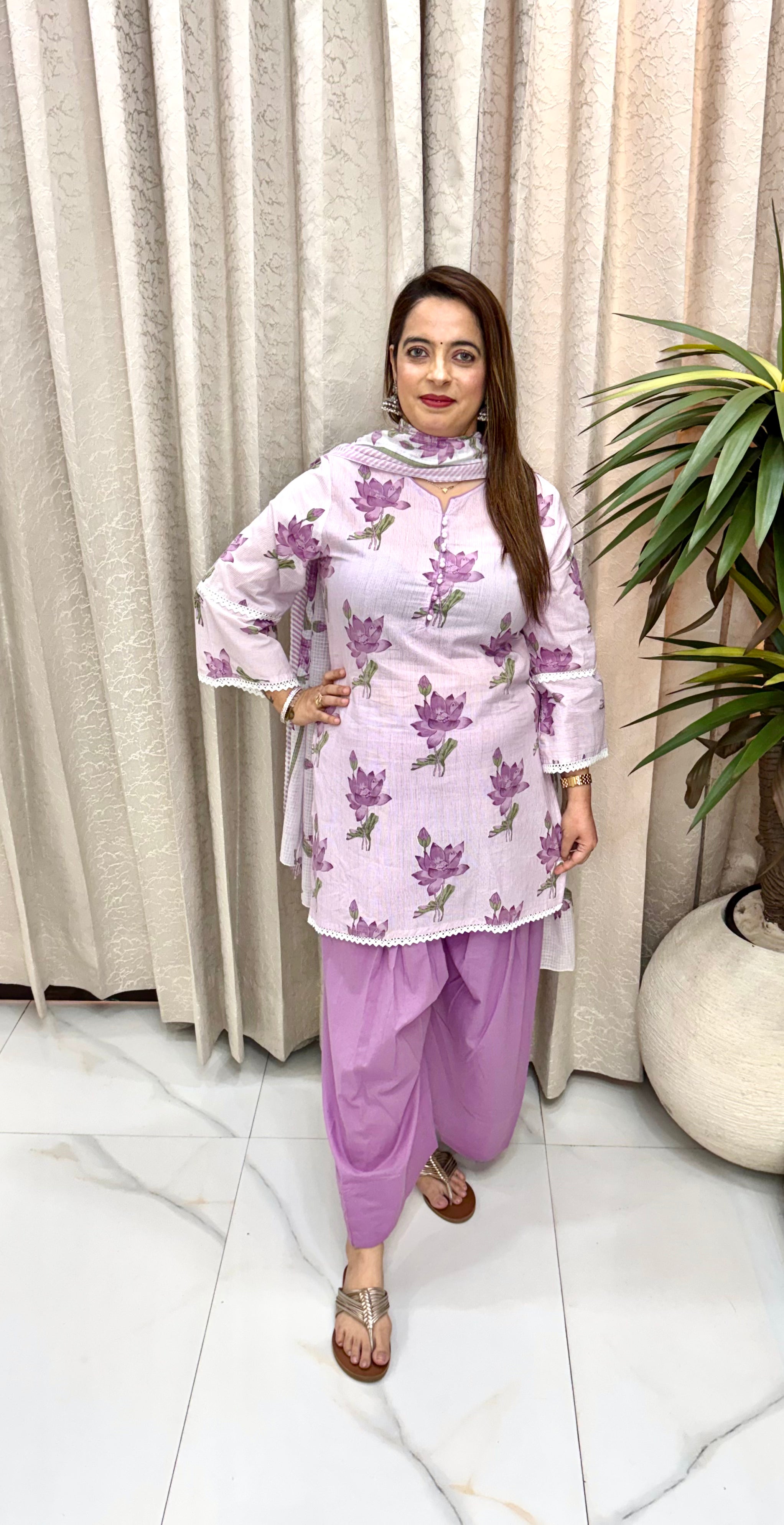 Pure Cotton Printed Suit Set with Dark Piping, Elegant Potli Buttons, & Soft Cotton Crochet Lace