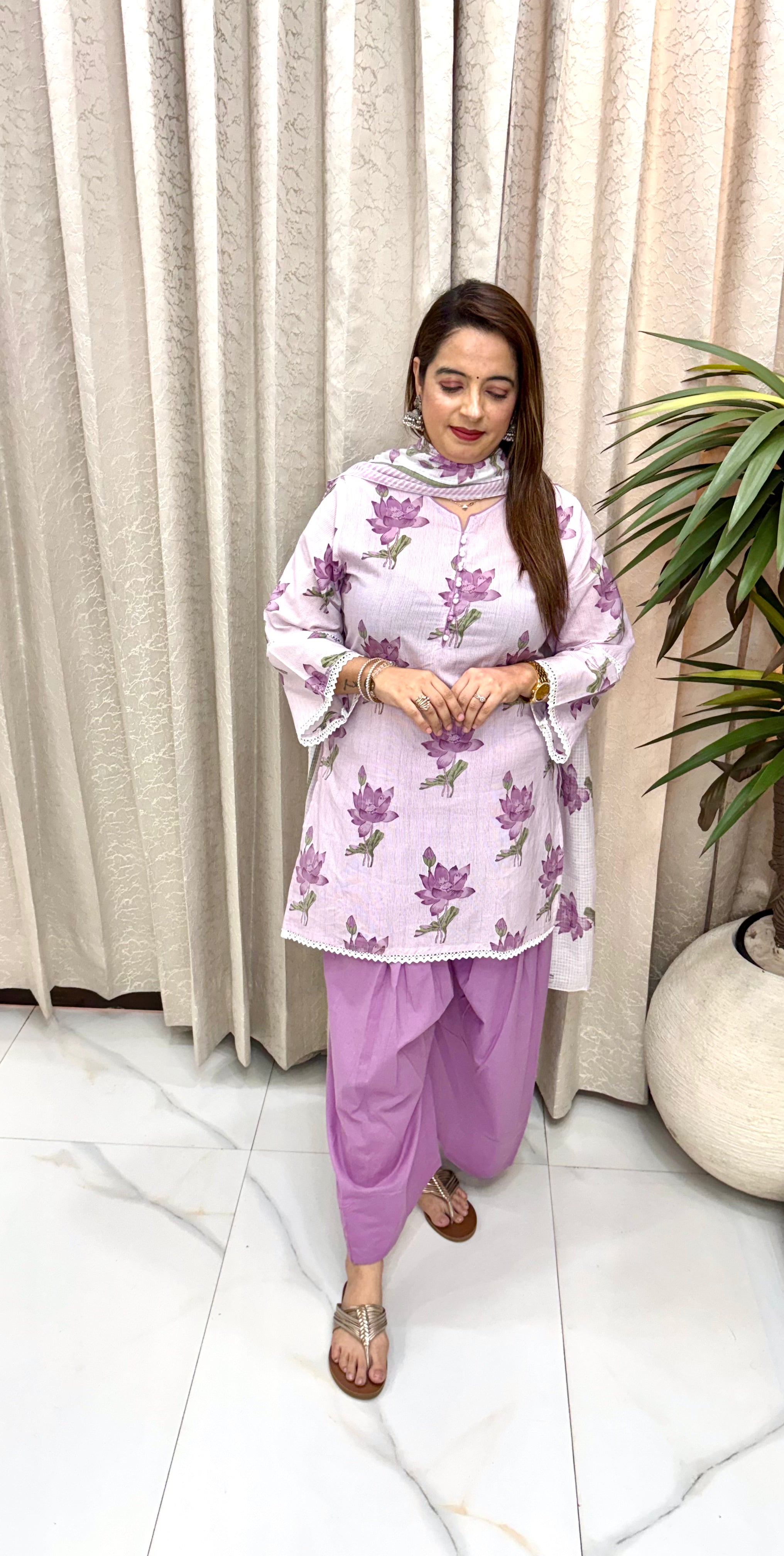 Pure Cotton Printed Suit Set with Dark Piping, Elegant Potli Buttons, & Soft Cotton Crochet Lace