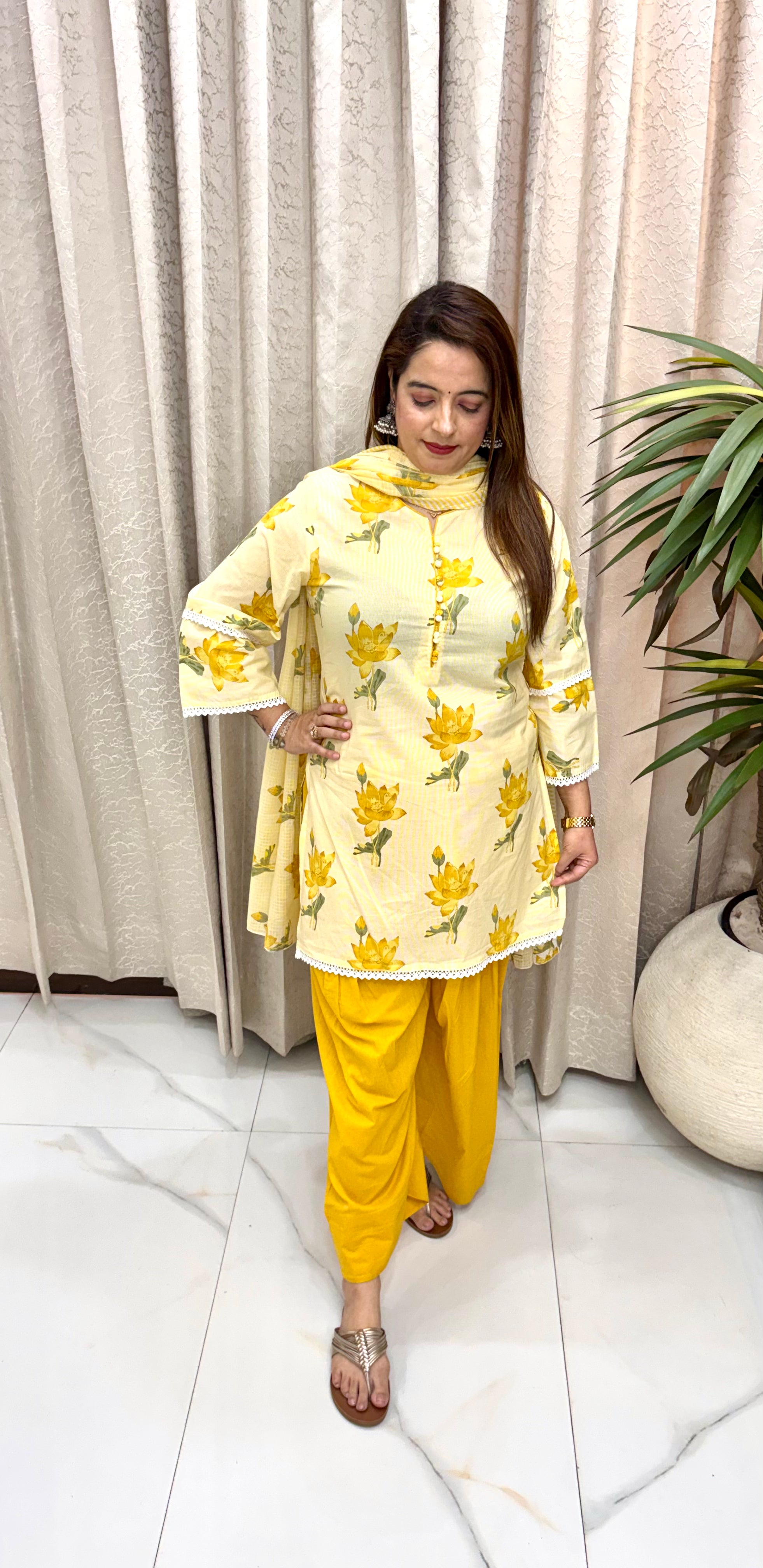 Pure Cotton Printed Suit Set with Dark Piping, Elegant Potli Buttons, & Soft Cotton Crochet Lace