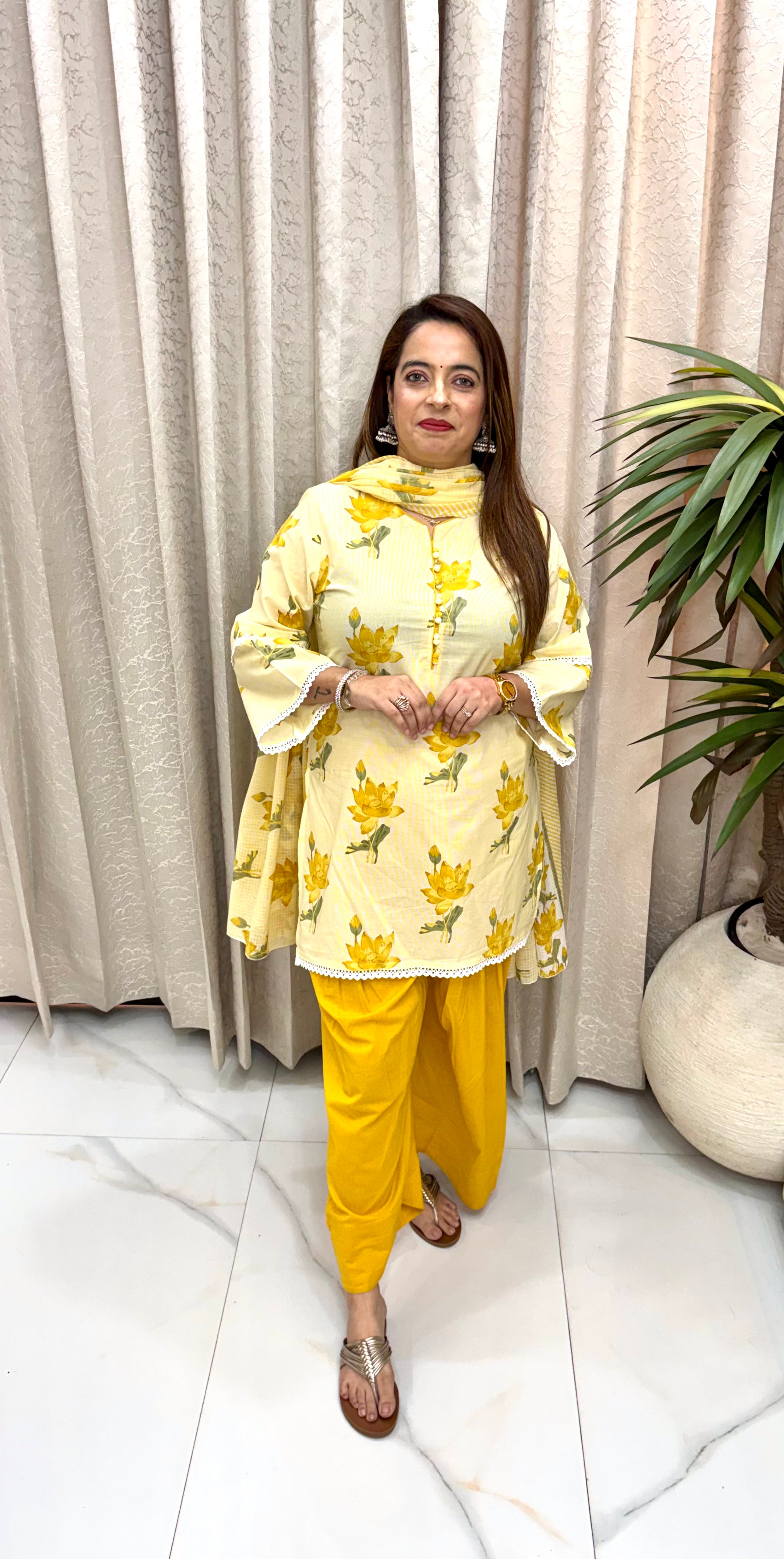 Pure Cotton Printed Suit Set with Dark Piping, Elegant Potli Buttons, & Soft Cotton Crochet Lace