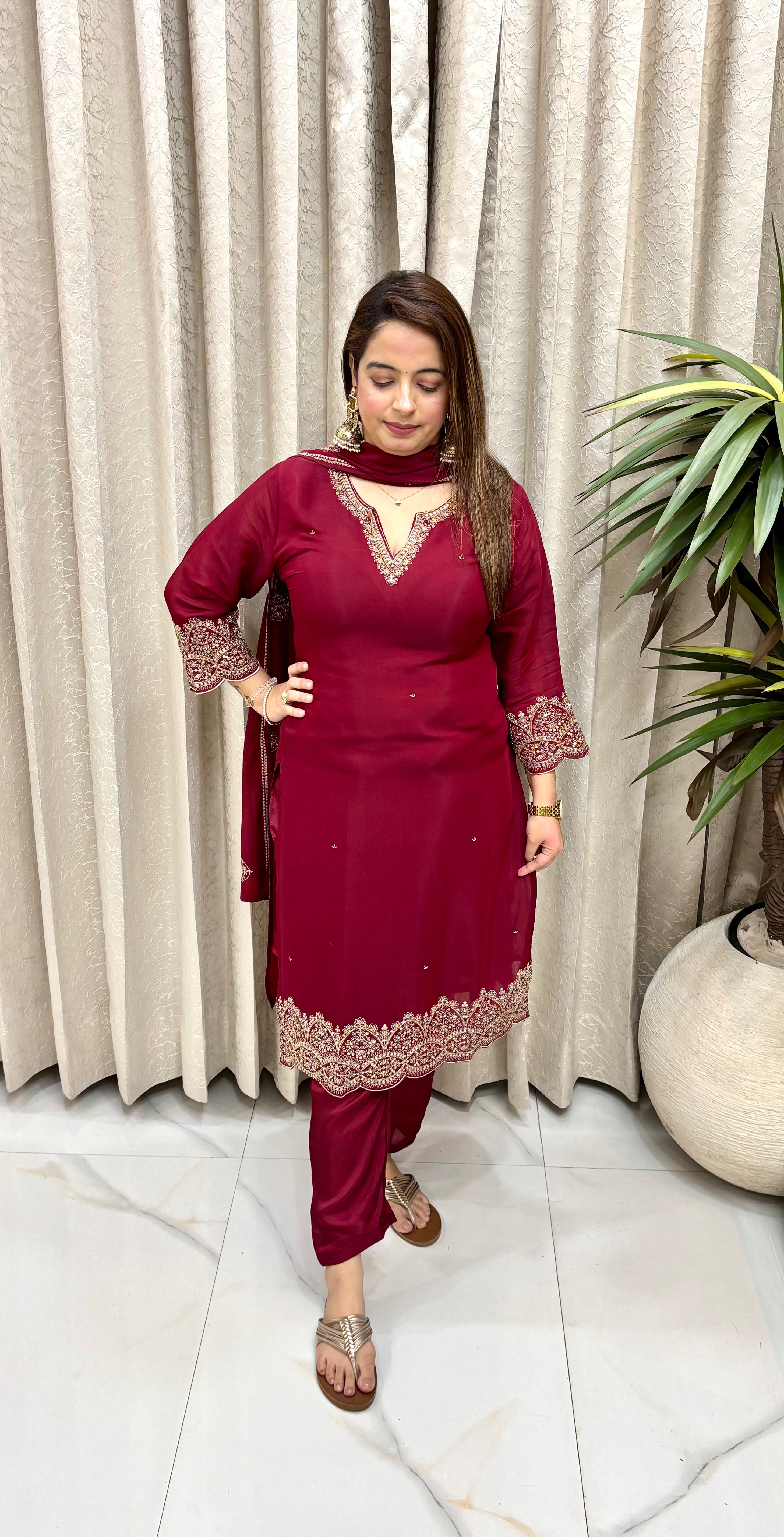 Premium Paper Silk Suit with Intricate Handwork Zari, Cutdana Framing & Fluid Shantoon Trousers