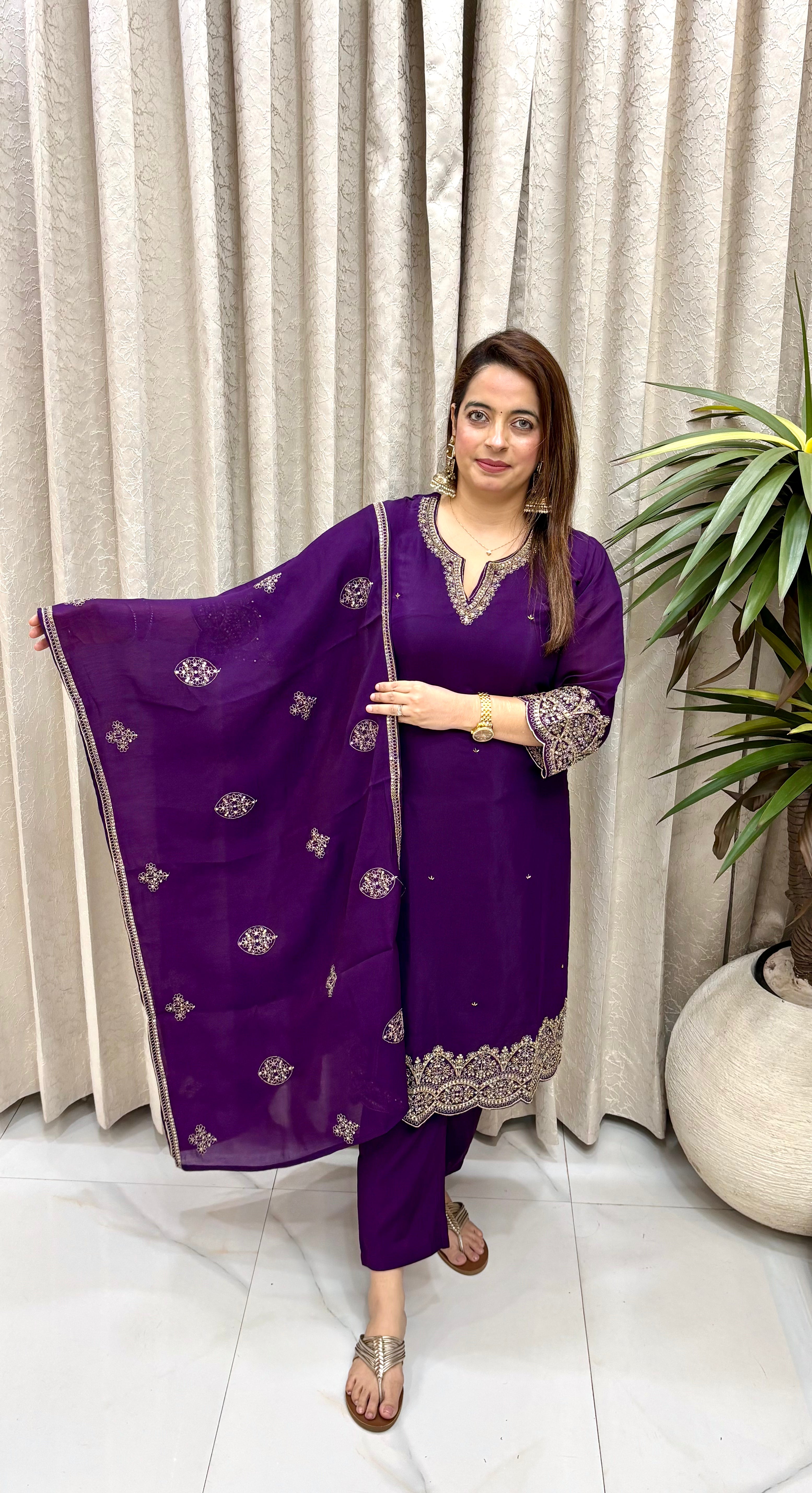 Premium Paper Silk Suit with Intricate Handwork Zari, Cutdana Framing & Fluid Shantoon Trousers