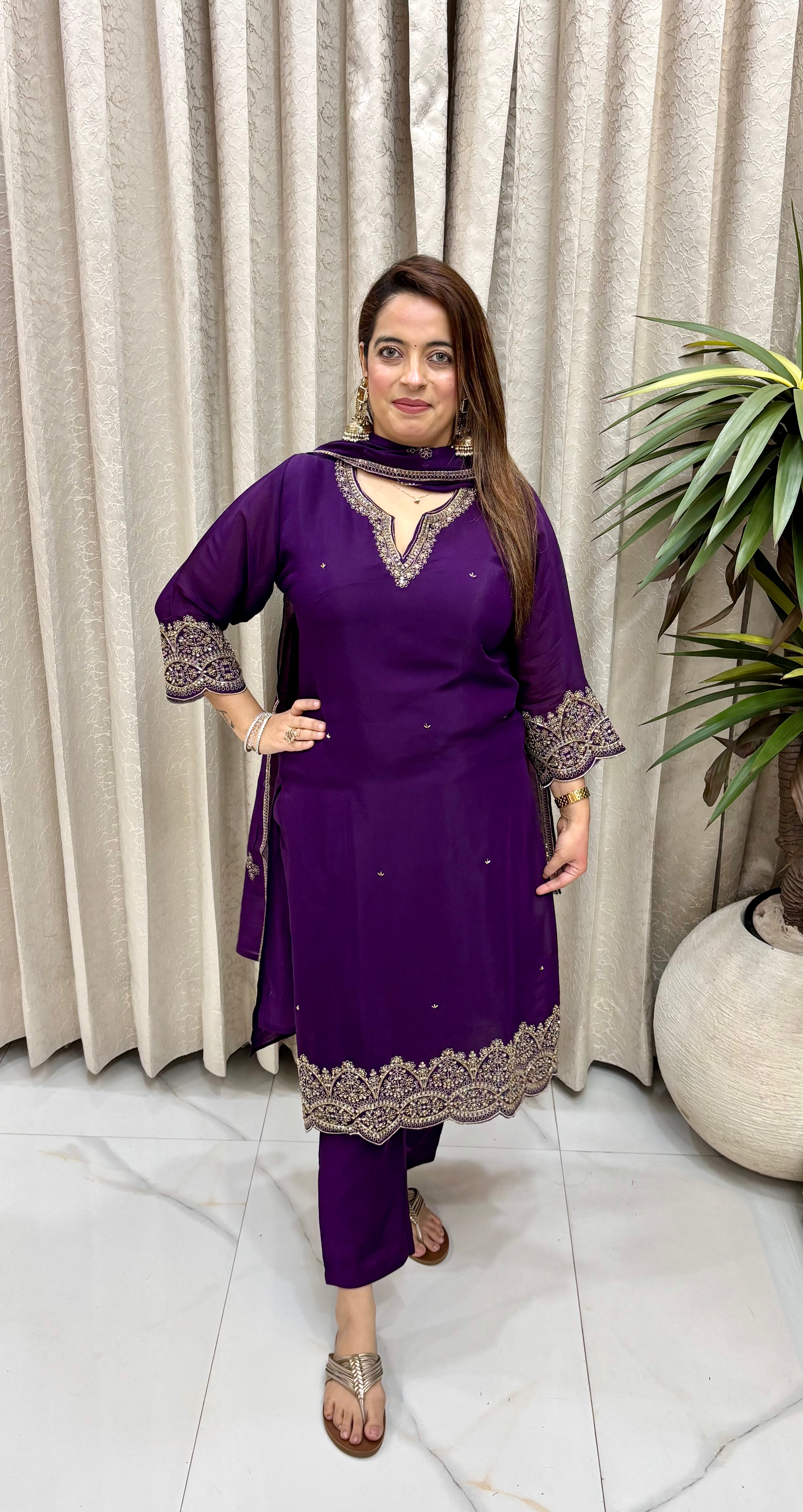 Premium Paper Silk Suit with Intricate Handwork Zari, Cutdana Framing & Fluid Shantoon Trousers