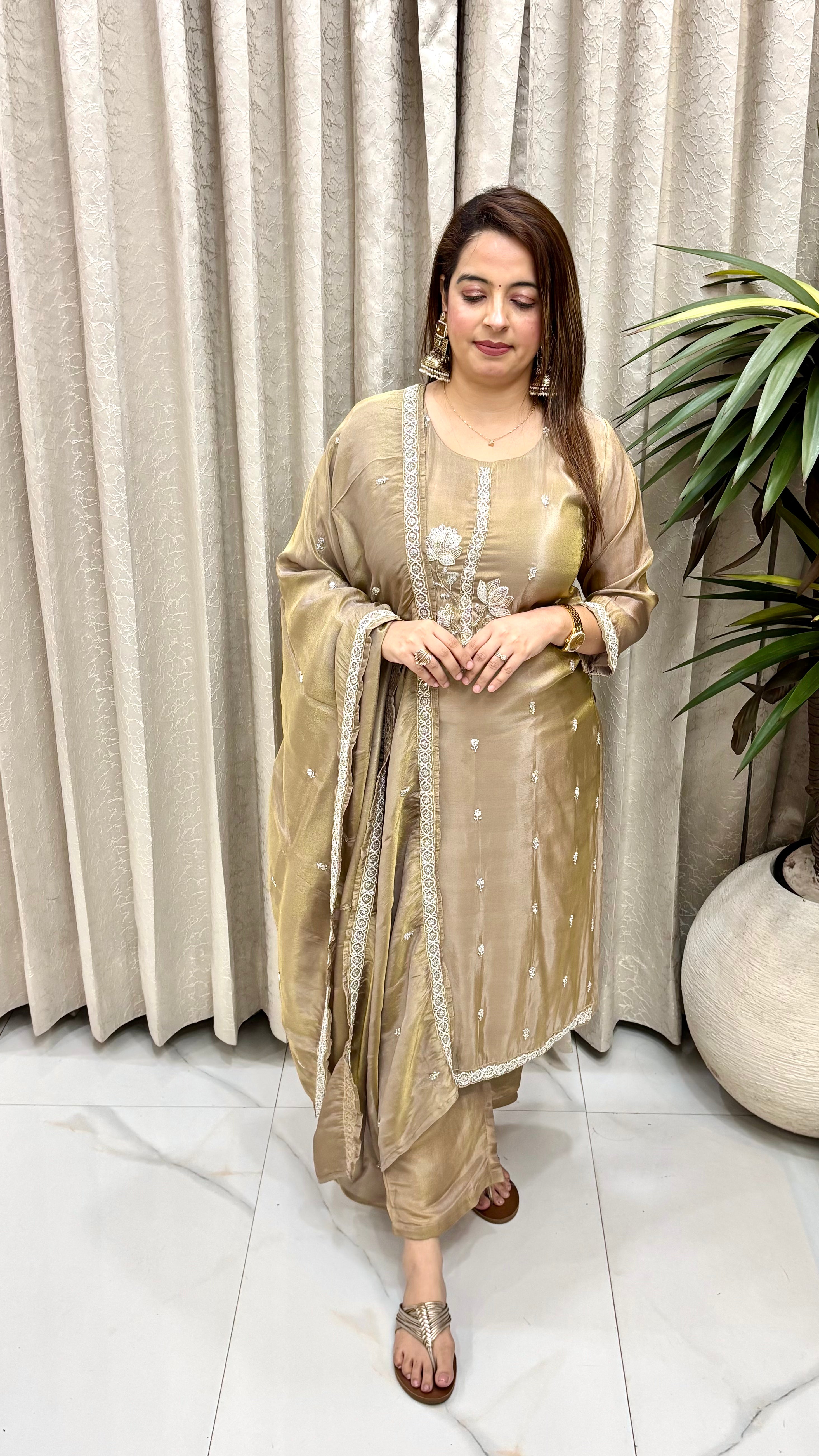 Premium Organza Shimmer Suit with All-Over Zari, Cutdana, Pearl Beadings & Pure Cotton Lining