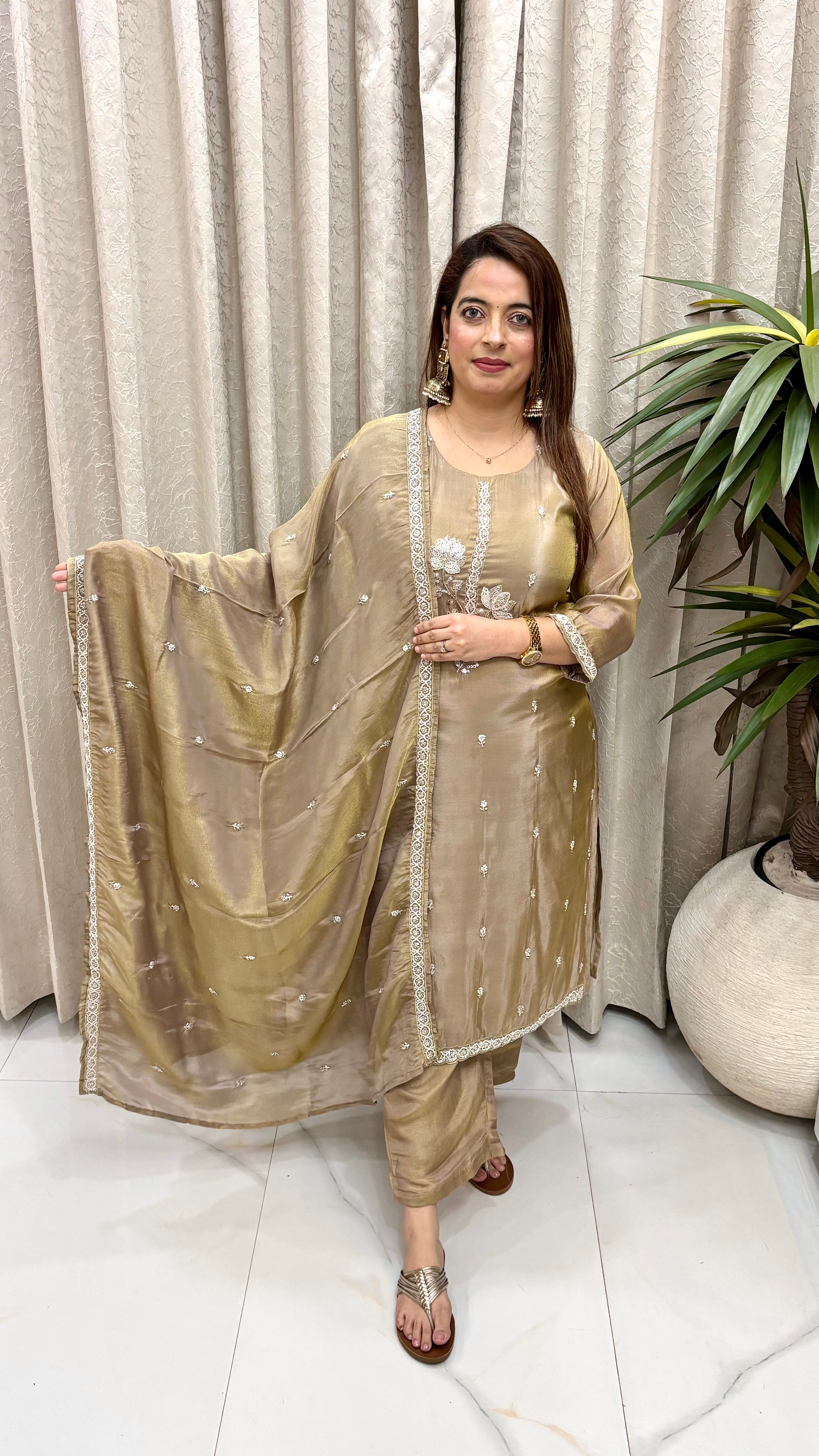 Premium Organza Shimmer Suit with All-Over Zari, Cutdana, Pearl Beadings & Pure Cotton Lining