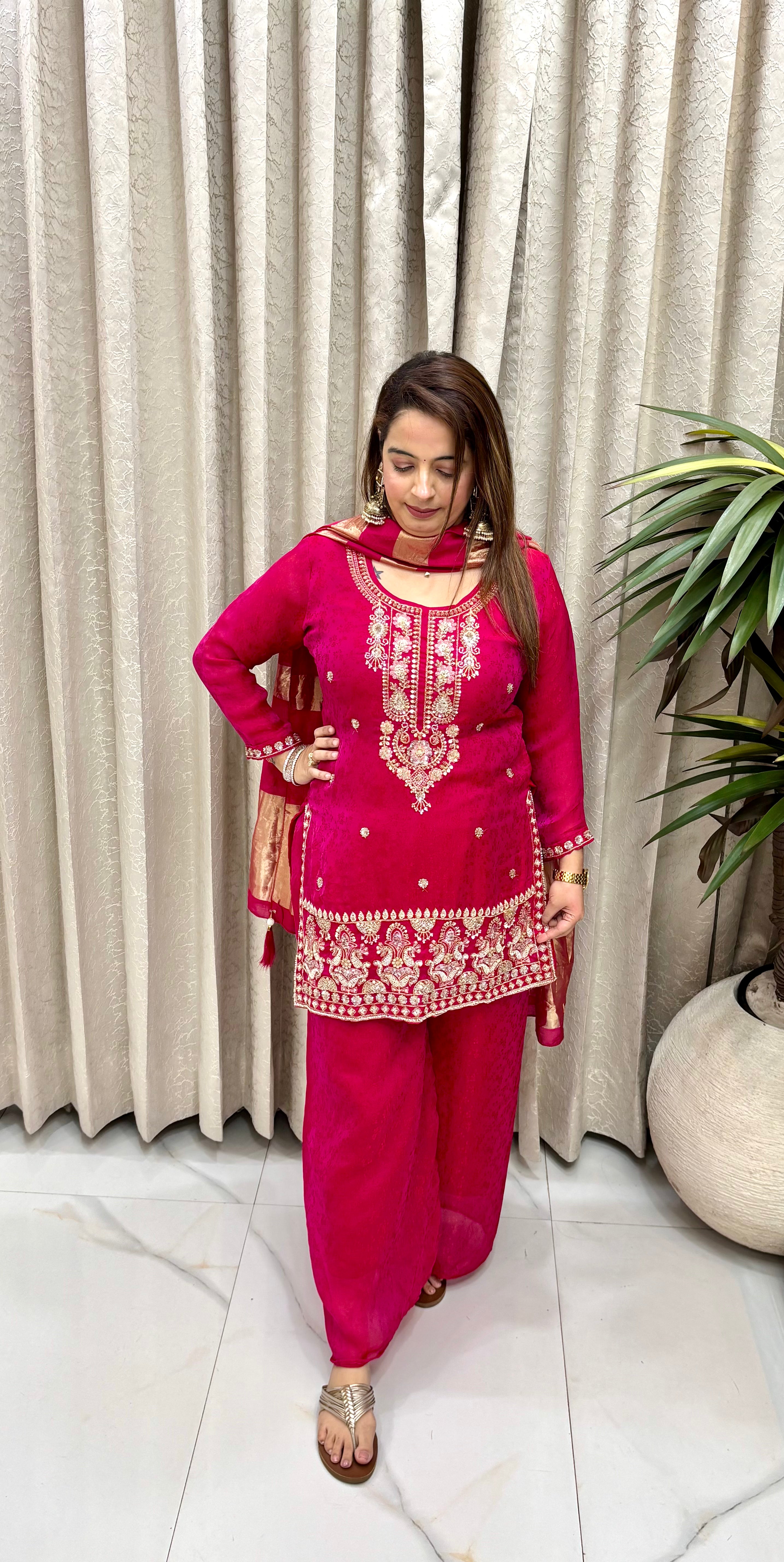 Luxury Reddish Magenta Pure Organza Suit with Heavy Hand-Gilded Trim, Shimmer Divider, & Lagdi Patta Dupatta