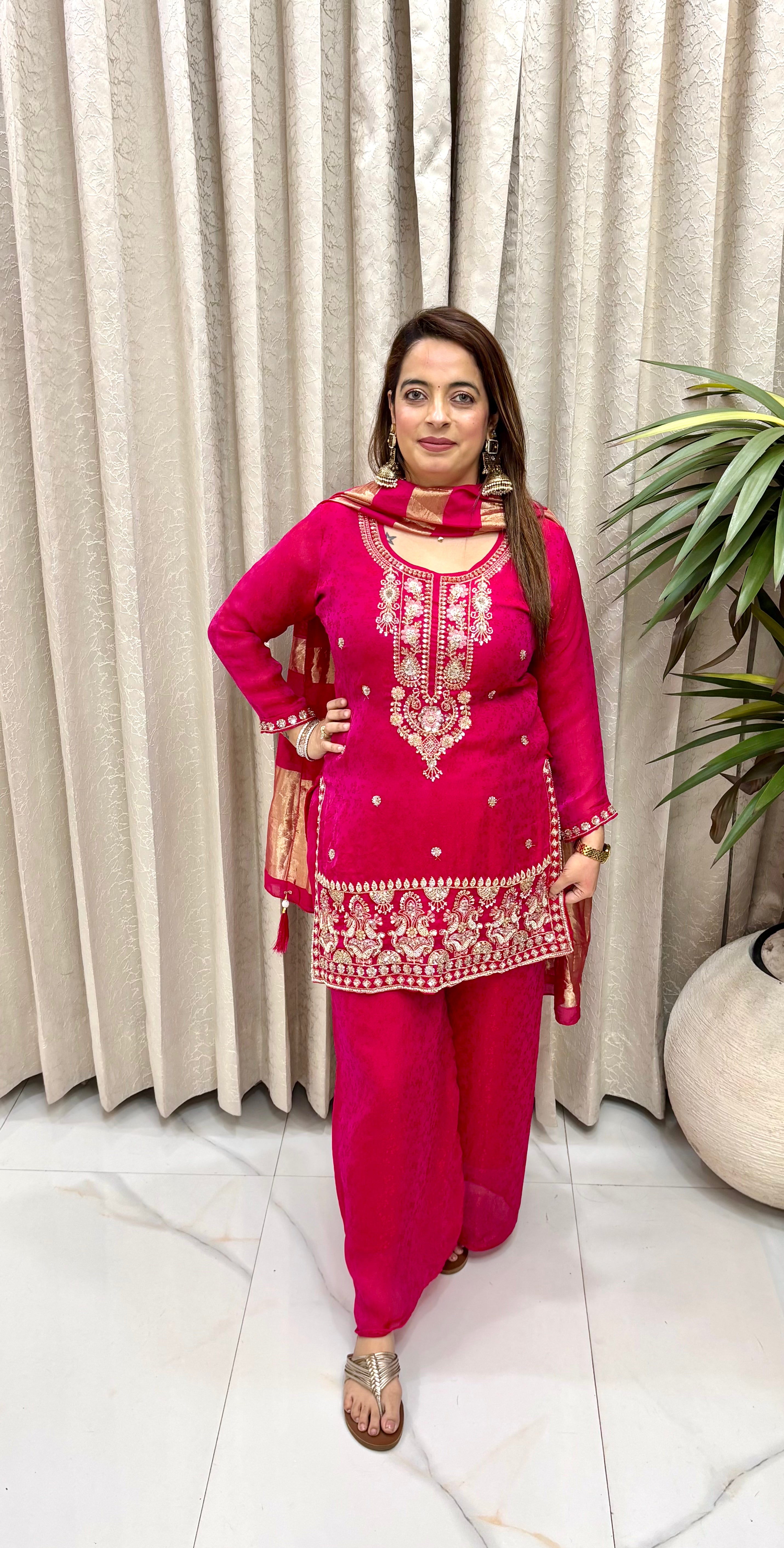 Luxury Reddish Magenta Pure Organza Suit with Heavy Hand-Gilded Trim, Shimmer Divider, & Lagdi Patta Dupatta