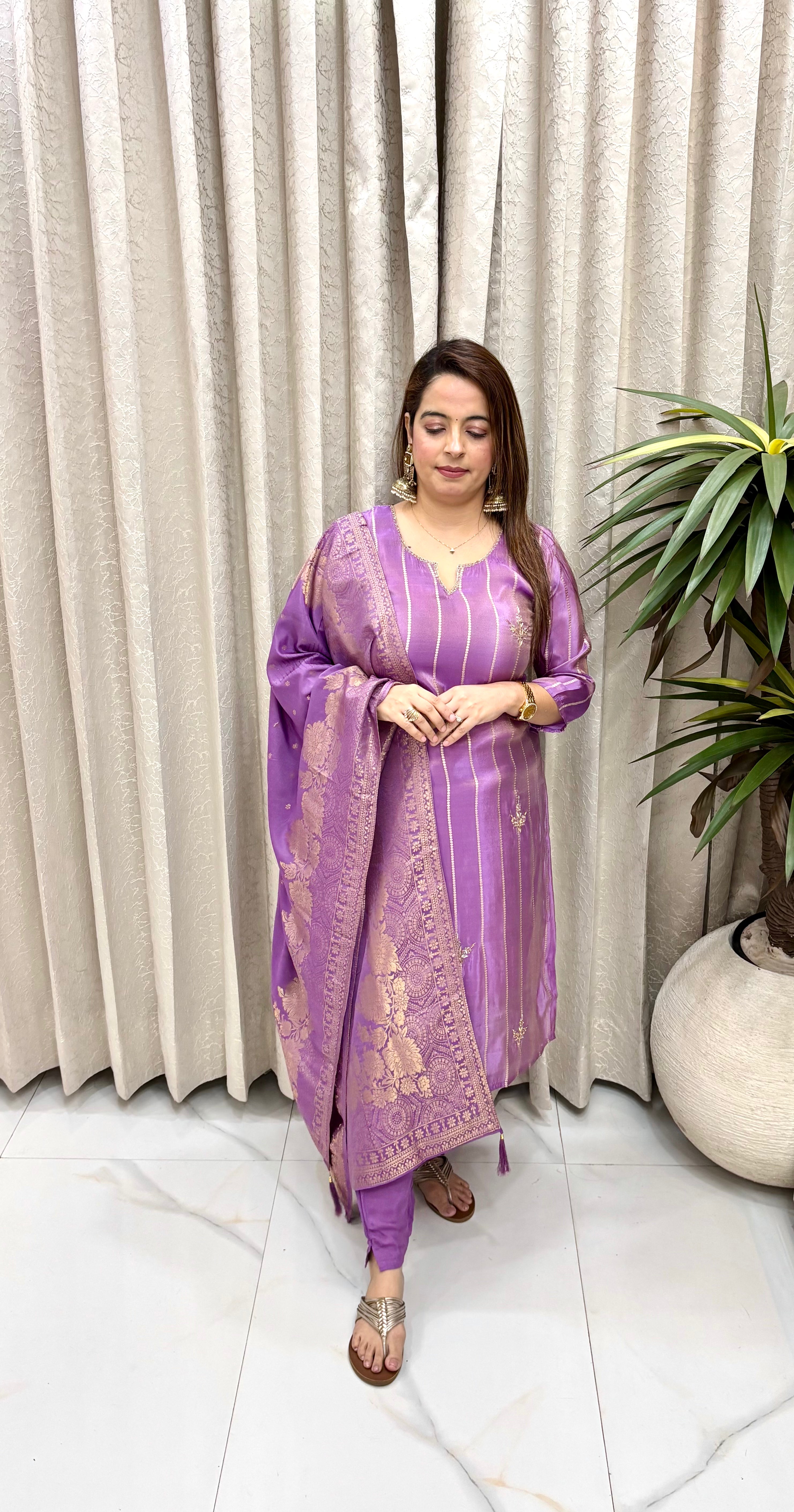 Premium Banarasi Striped Organza Shimmer Suit with Metallic Zardozi Handwork & Fluid Shantoon Trousers