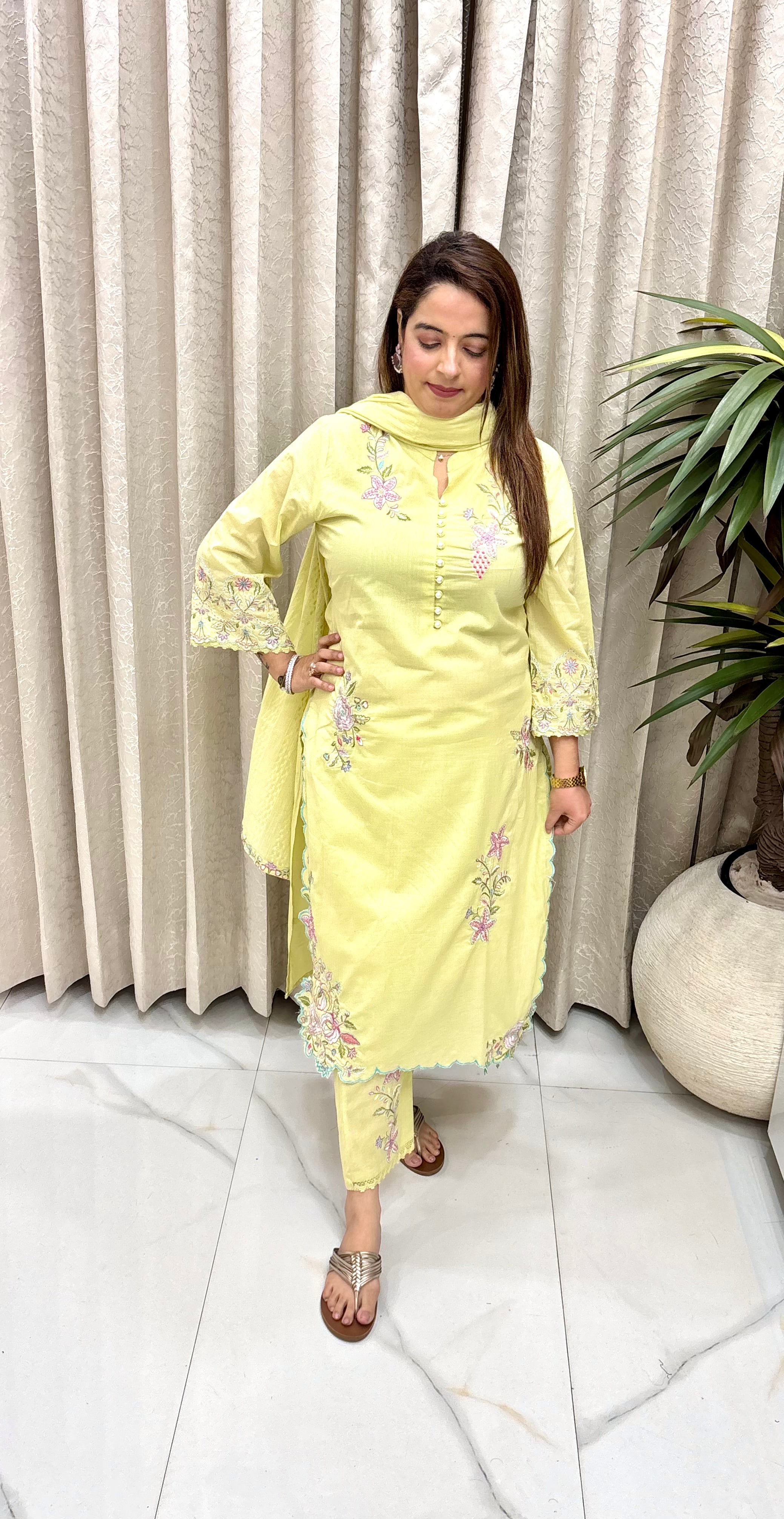 Feather-Light Mulmul Cotton Suit Set with All-Over Floral Threadwork & Premium Crochet Lace